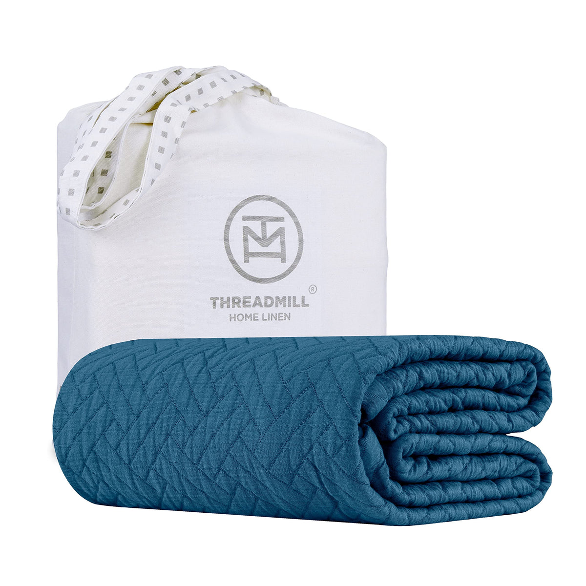 Threadmill 100% Combed Cotton King Blanket/Coverlet, Classic Folkstone Blue, All-Season, Jacquard Matelasse Design, 106X90 Inche
