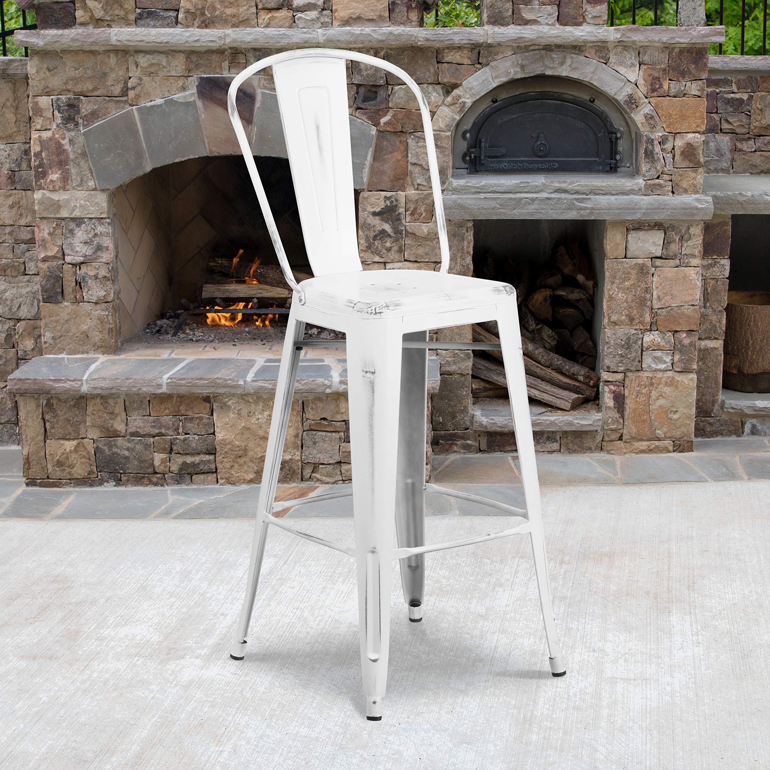 Flash Furniture Commercial Grade 30' High Distressed White Metal Indoor-Outdoor Barstool With Back