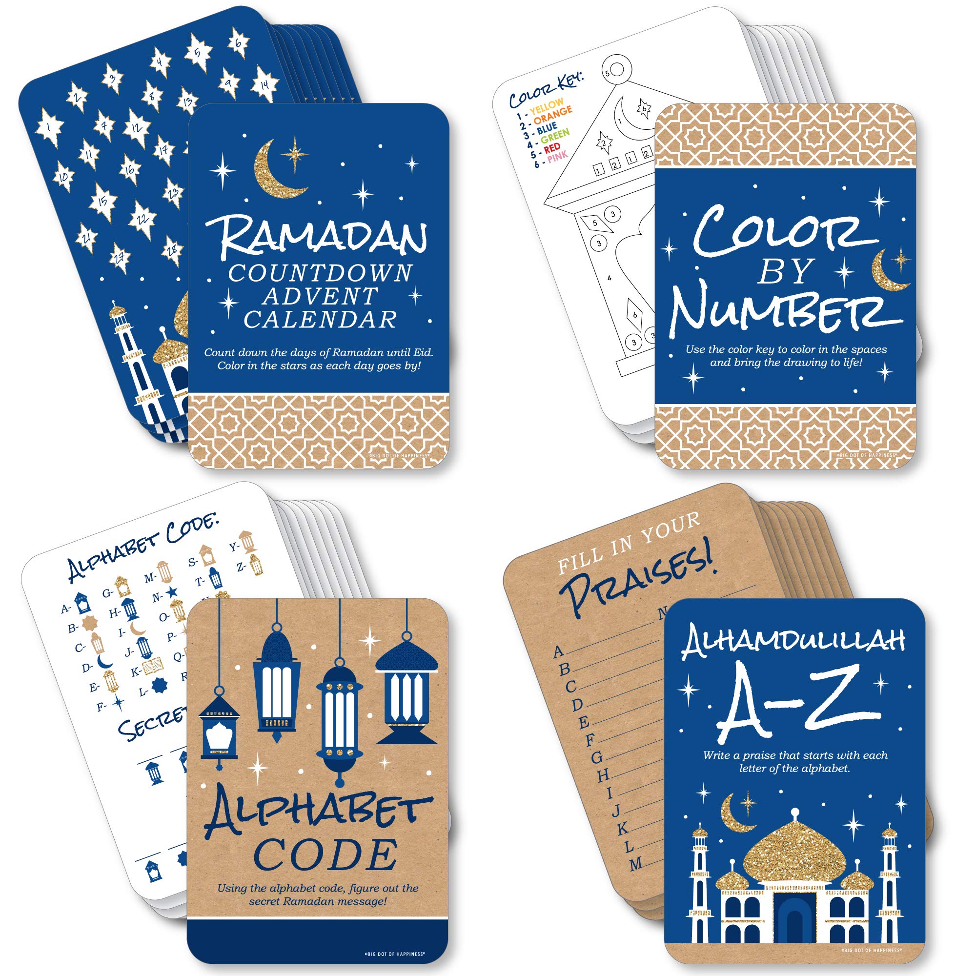 Big Dot of Happiness Ramadan - 4 Eid Mubarak Party Games - 10 Cards Each - Countdown Advent Calendar, Alhamdulillah A-Z, Alphabe