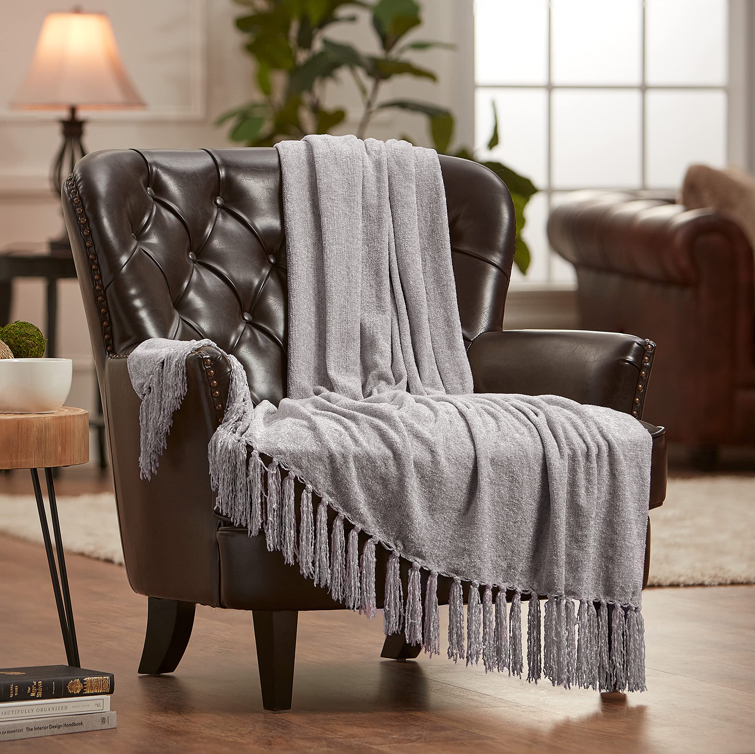 Chanasya Premium Chenille Fringe Throw Blanket - Velvet Soft Throw Blanket With Shimmer And Tassels - 50' X 65 - Taupe