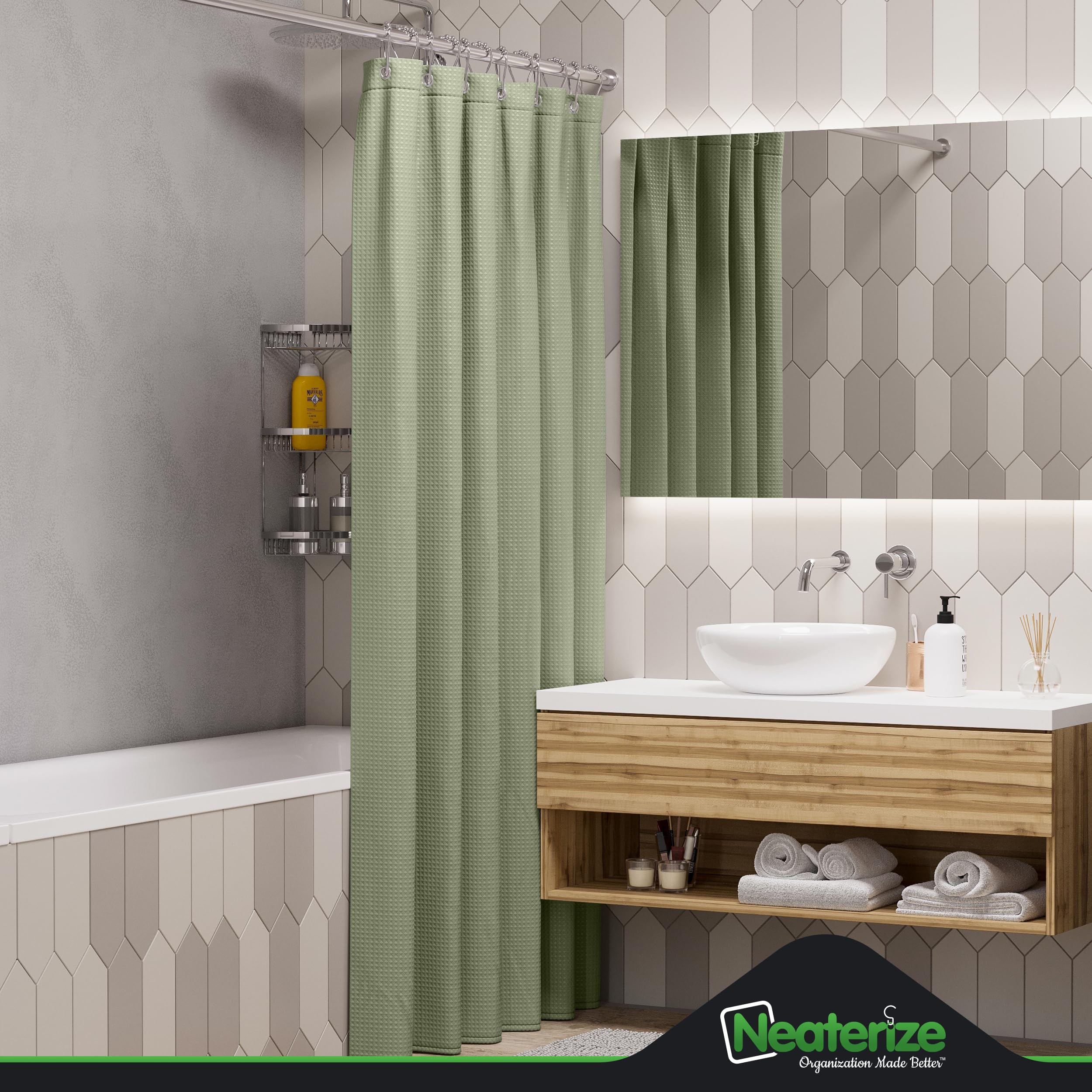 Neaterize Shower Curtain Sage Green - Hotel Style Sage Green Shower Curtains For Bathroom With Waffle Design, 72X78 Inches - Fab