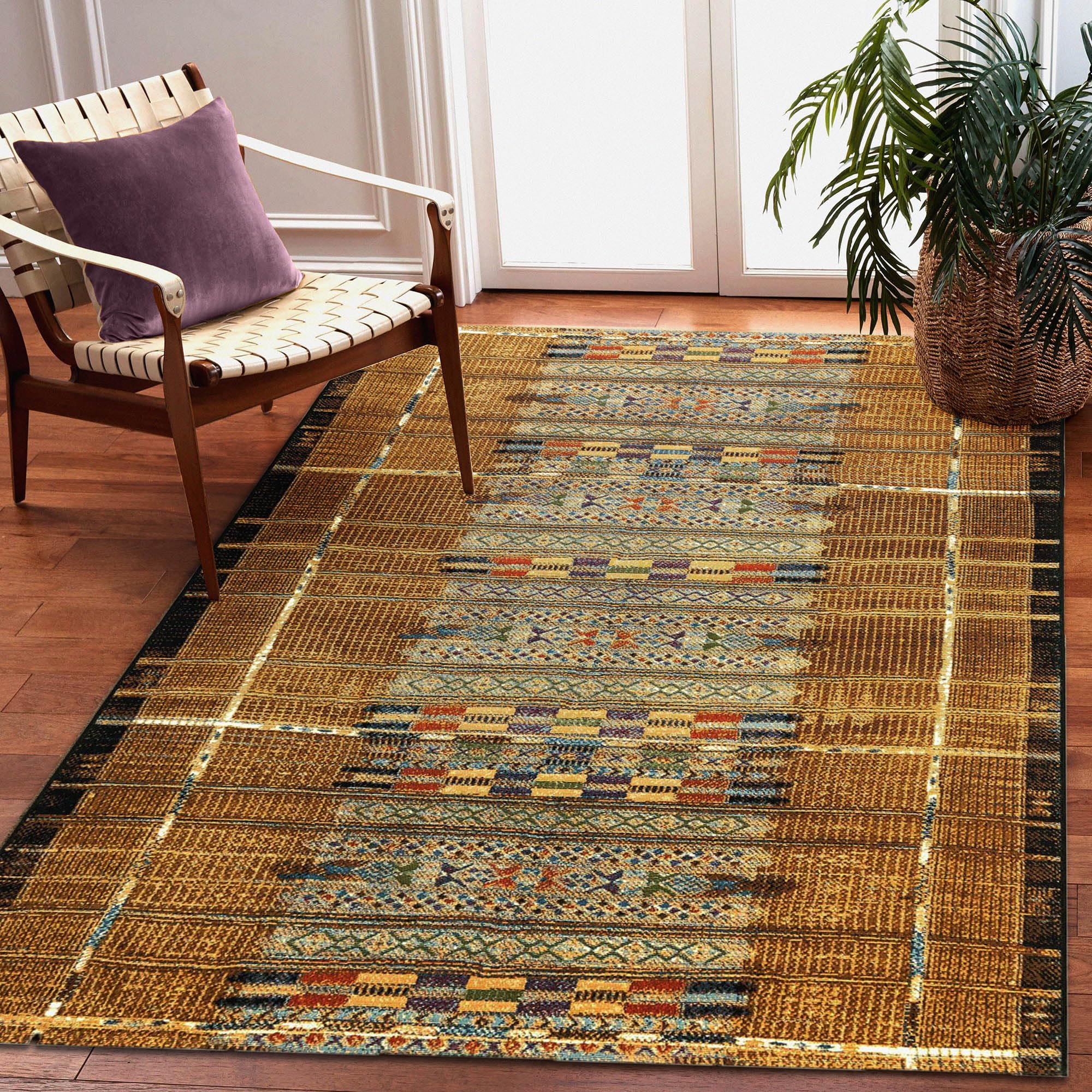 Liora Manne Marina Low Profile Durable Indoor/Outdoor Woven Rug- Tribal Stripe Gold 6'6' X 9'4'