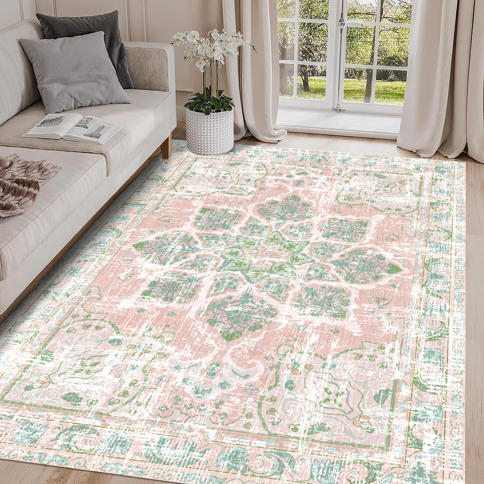 Vhong Boho Area Rugs Vintage Washable Neutral Modern Dusty Pink and Green 5x7 Non Slip Carpet for Nursery Living Room Dining Roo