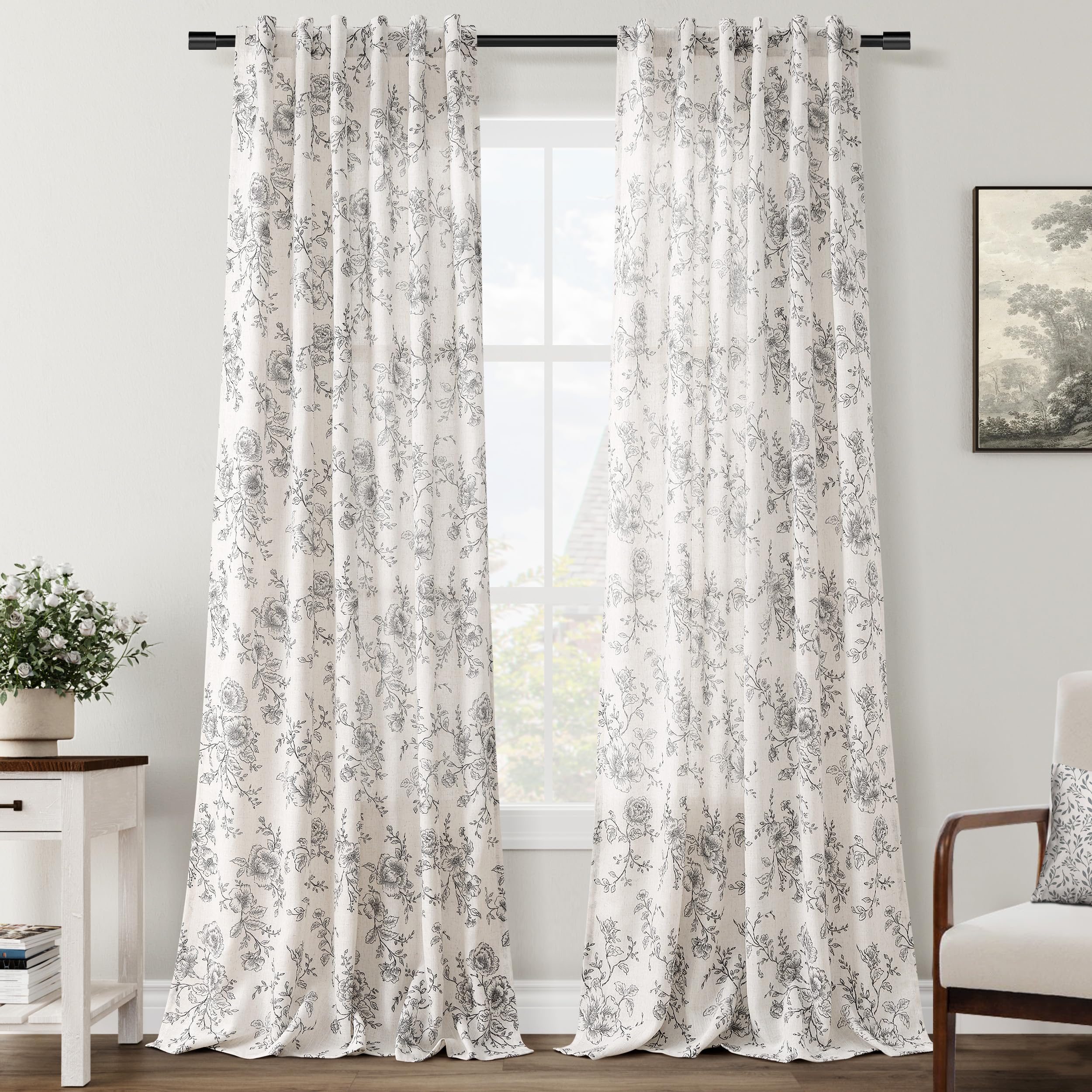 Printed Linen Curtains 90 Inch Length 2 Panels Set Rustic Farmhouse Black Floral Curtains Cotton Textured Vintage Flower Leaf Pa