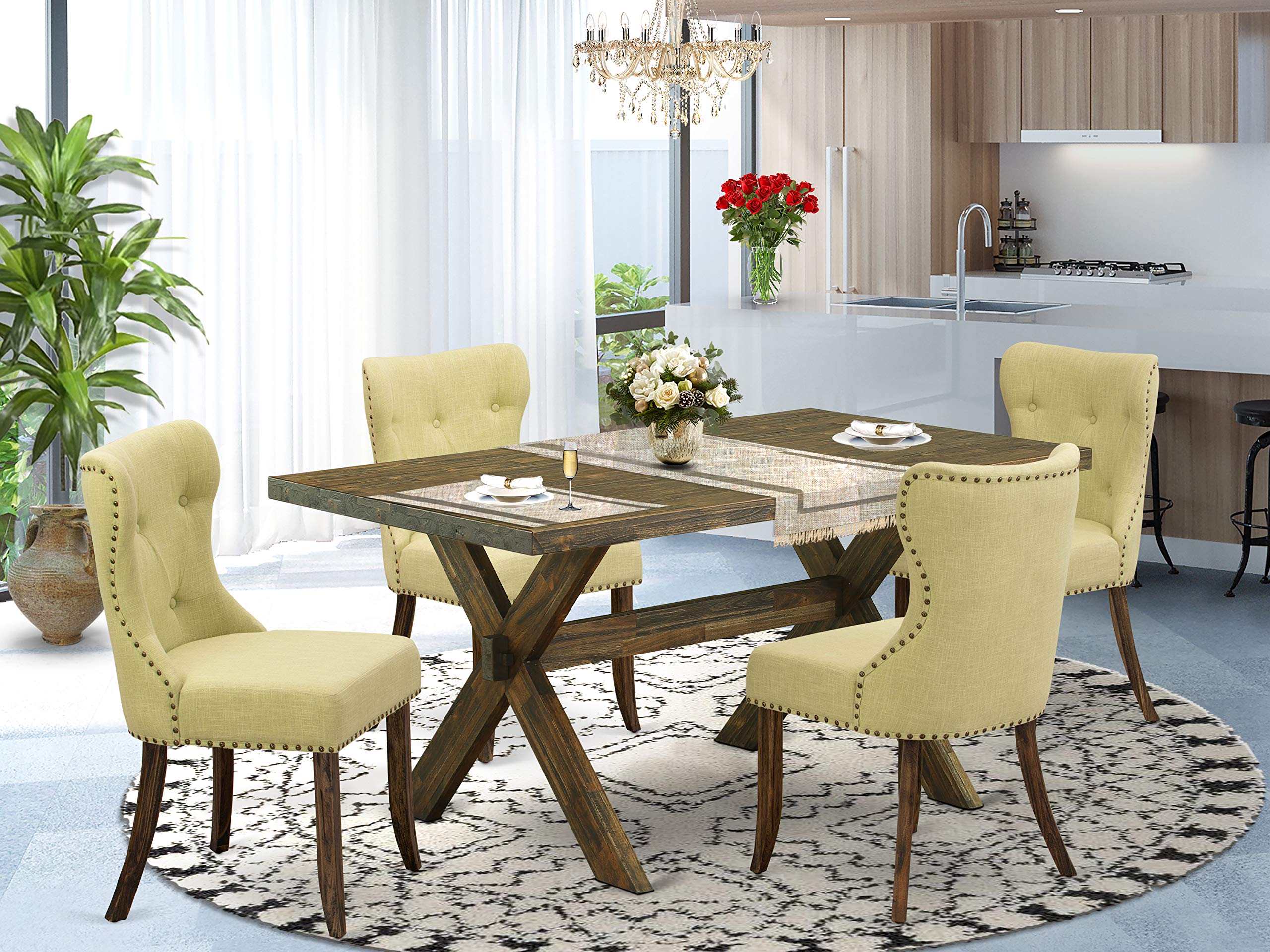 East West Furniture X776Si737-5 5 Piece Dining Room Table Set Includes A Rectangle Kitchen Table With X-Legs And 4 Limelight Linen Fabric Parsons Dining Chairs, 36X60 Inch, Multi-Color