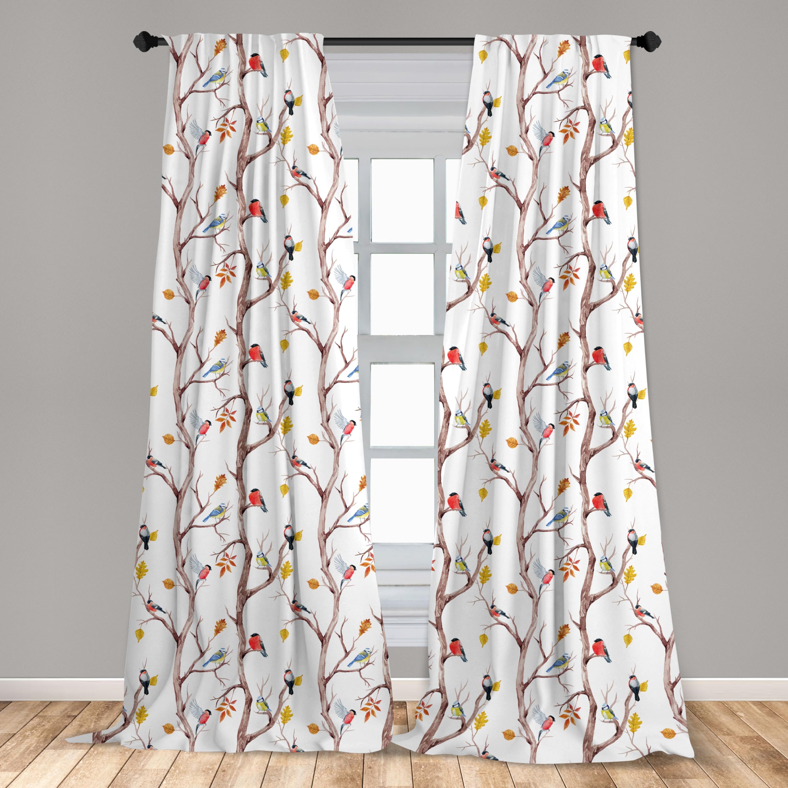 Ambesonne Autumn Window Curtains Pack Of 2, Watercolor Birds On A Tree With Yellow Leaves During Fall Season, Lightweight Set Wi