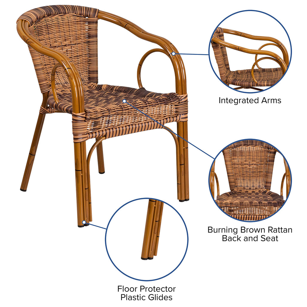 Flash Furniture Cadiz Series Dark Red Bamboo-Aluminum Indoor-Outdoor Restaurant-Patio Chair With Burning Brown Rattan