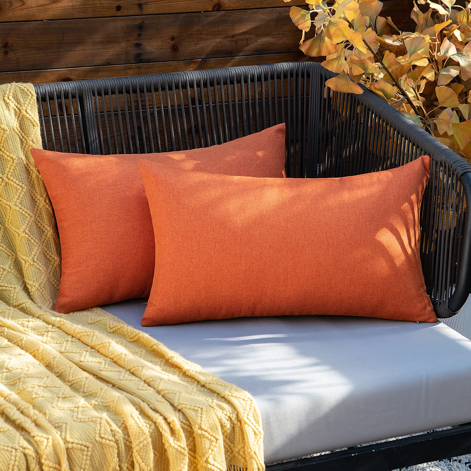 Anroduo Pack Of 2 Orange Outdoor Pillow Covers For Patio Furniture Decorative Farmhouse Linen Cushion Sham Outdoor Waterproof Ou