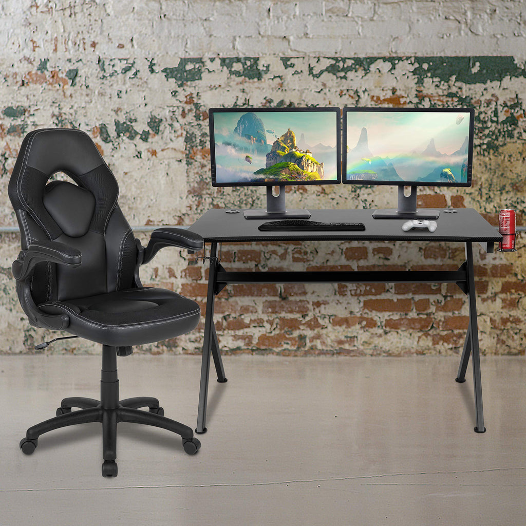 Flash Furniture Optis Black Gaming Desk and Black Racing Chair Set with Cup Holder, Headphone Hook & 2 Wire Management Holes