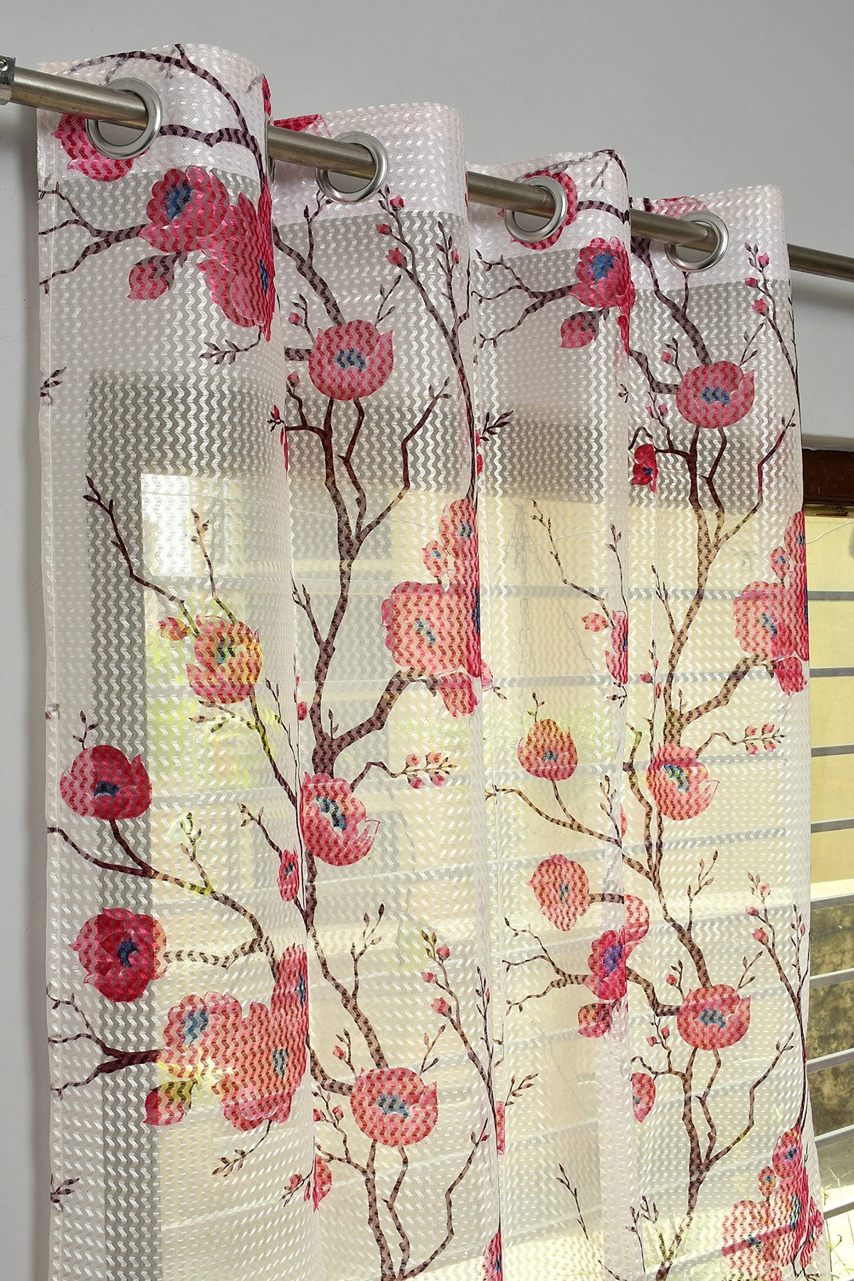 Vedartah Printed Sheer Net Door Curtains 7 Feet, Pack of 2 (Pink)