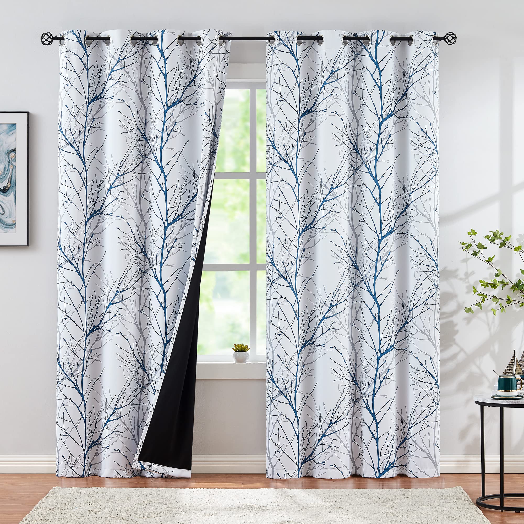 Blue-White Tree Blackout Curtains For Bedroom 84' Long Blue Grey Branch Curtain Drapes For Living Room Triple Weave Energy Savi