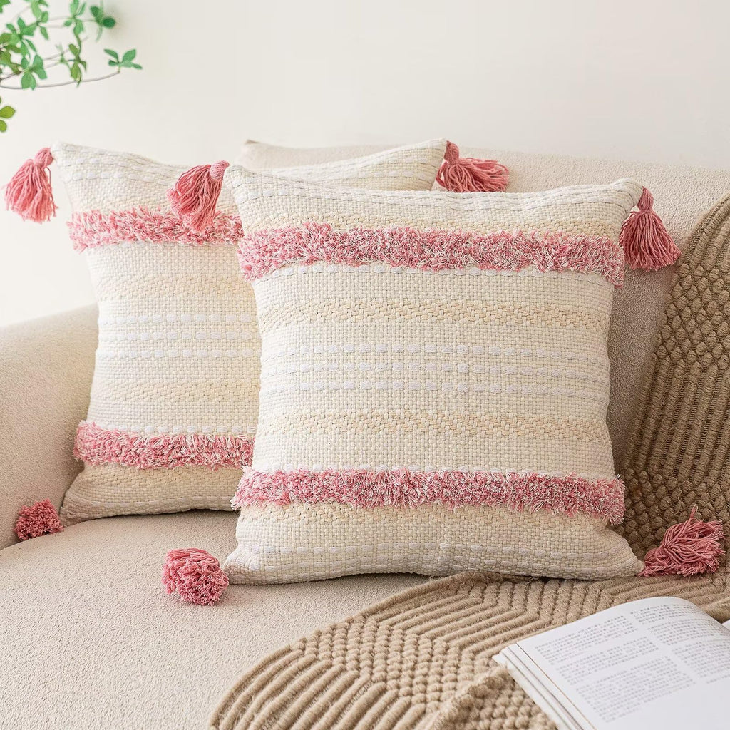 BUIOVBEY Boho Throw Pillow Covers 20x20 Set of 2 Woven Tufted Farmhouse Pillows Cover with Tassels Textured Striped Cushion Case