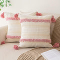 BUIOVBEY Boho Throw Pillow Covers 20x20 Set of 2 Woven Tufted Farmhouse Pillows Cover with Tassels Textured Striped Cushion Case