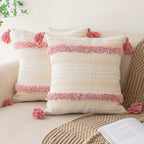 BUIOVBEY Boho Throw Pillow Covers 20x20 Set of 2 Woven Tufted Farmhouse Pillows Cover with Tassels Textured Striped Cushion Case