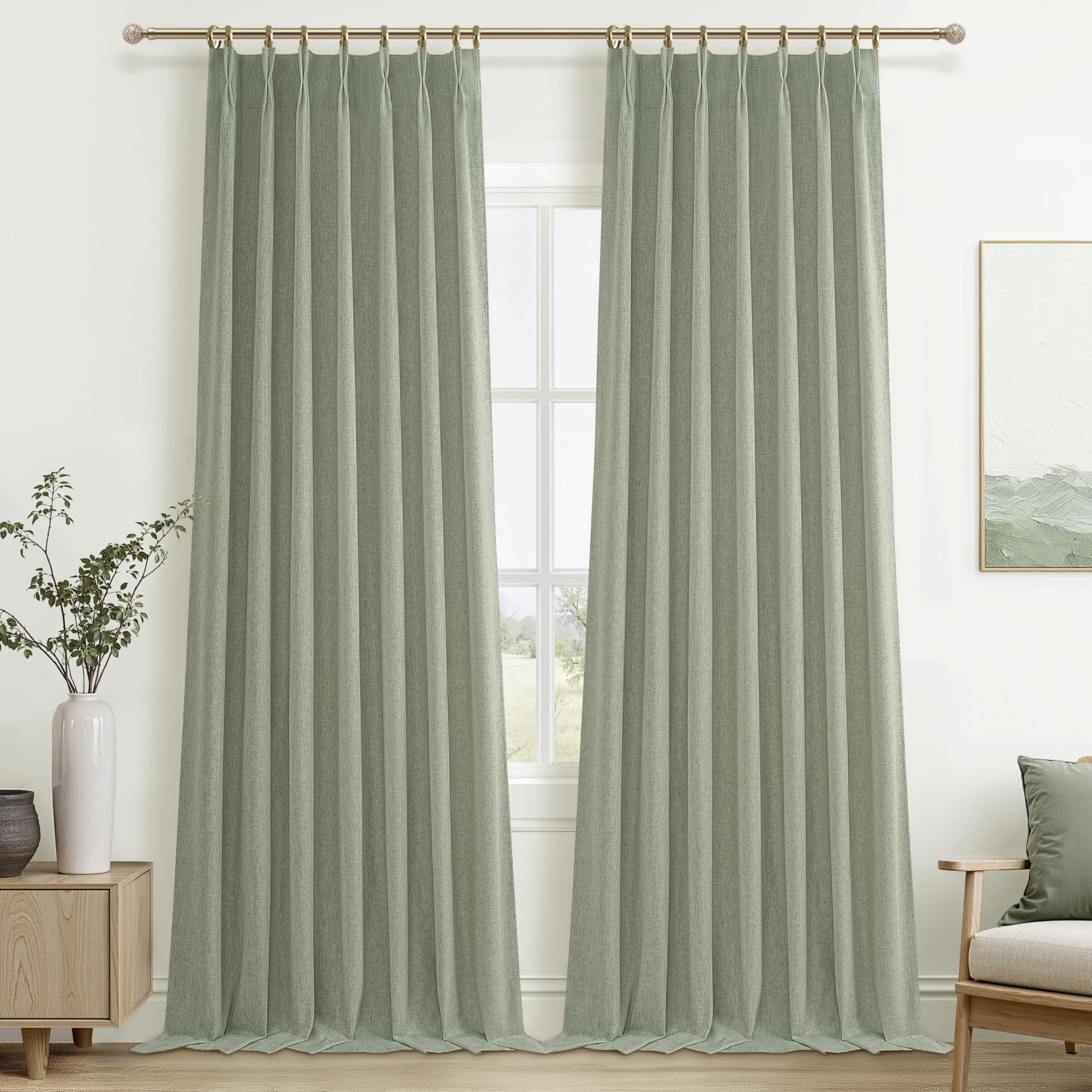 Sage Green Blackout Linen Curtains 108 Inches Long for Living Room Bedroom, Pinch Pleated Boho Light Drapes Viral Window Curtain