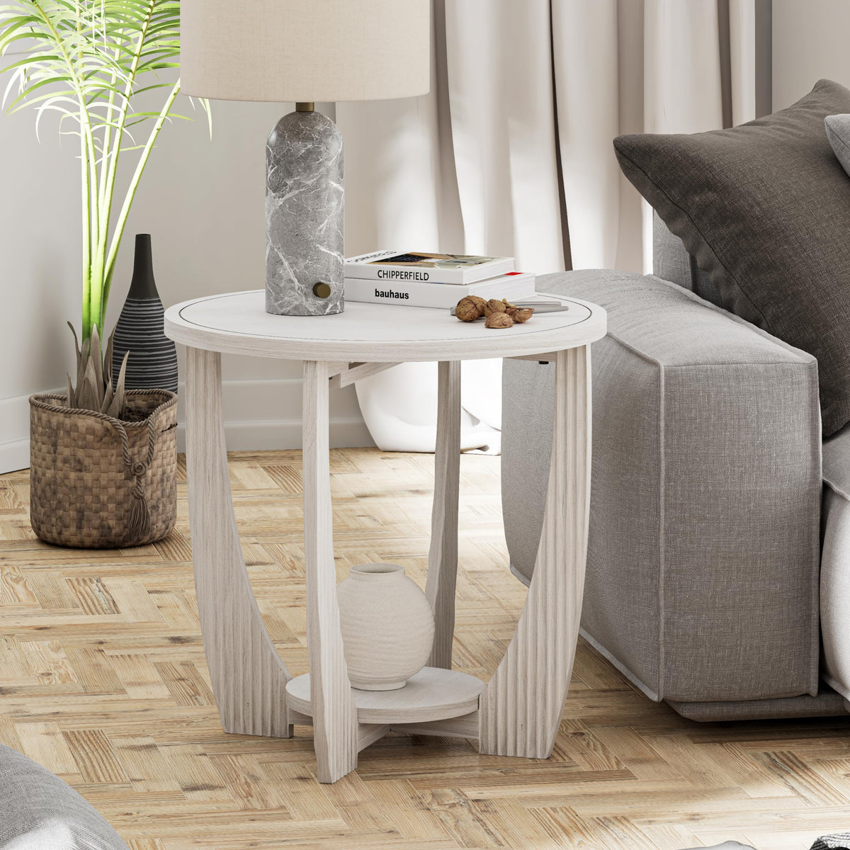 Cozayh Rustic Farmhouse End Table With Storage Shelf, French Country Accent Side Table For Family, Dinning Or Living Room, Small Spaces, Modern, Round, White
