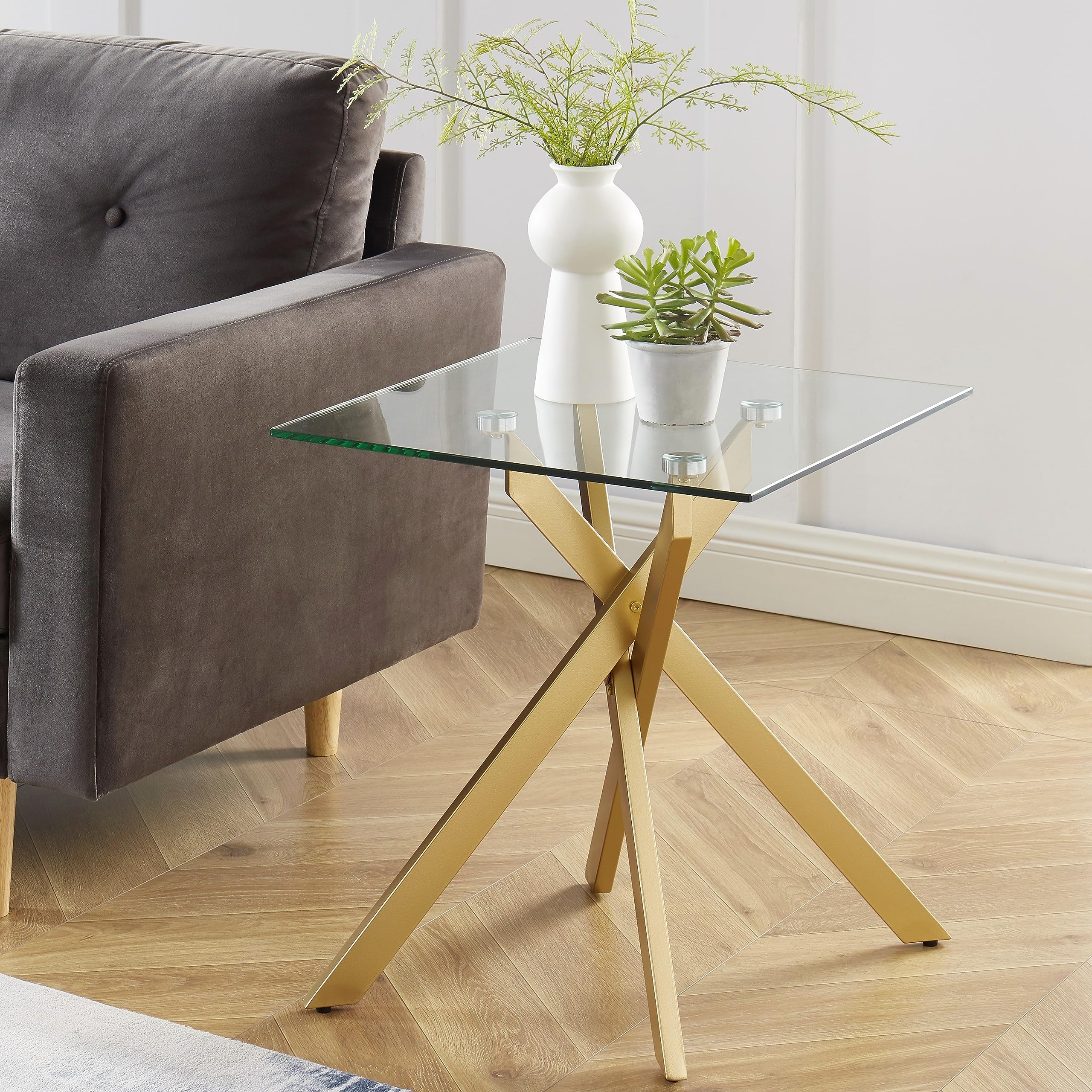 Modern Style Square Side Table with Tempered Glass Top and Metal Tubular Legs, Gold 20   Dx20   Wx22   H