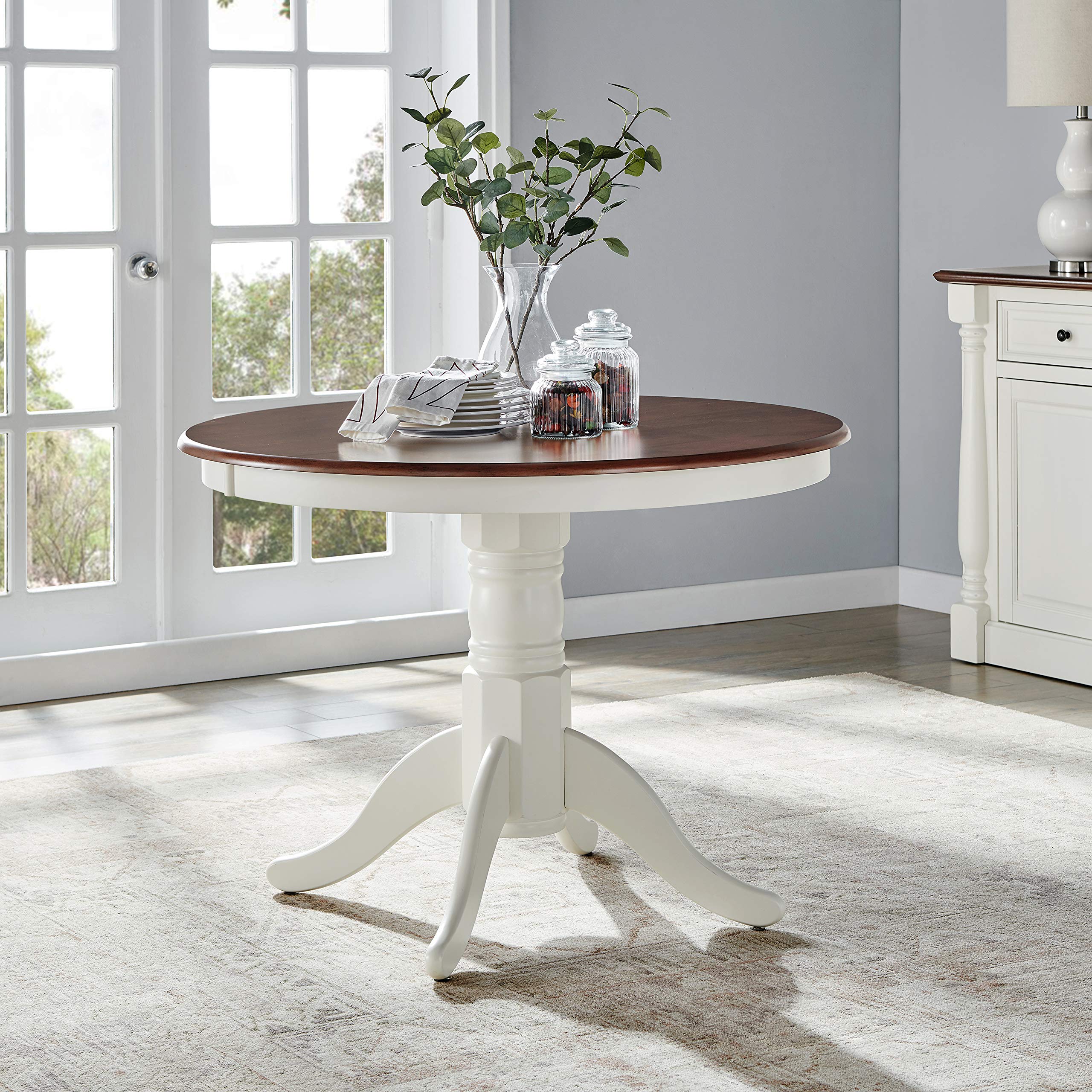 Crosley Furniture Shelby Traditional Round Wood Dining Room Table, Distressed White