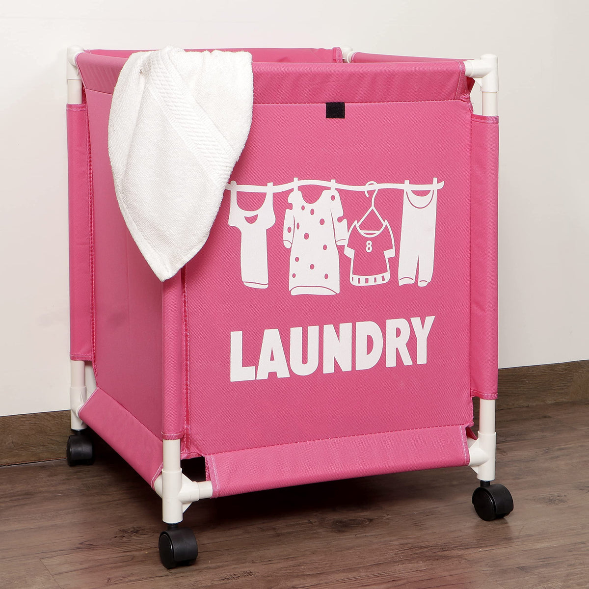 HOKIPO Oxford Fabric Laundry Basket With Wheels | Laundry Hamper with Lid Cover | Rolling Laundry Clothes Basket Trolley, 60x44x