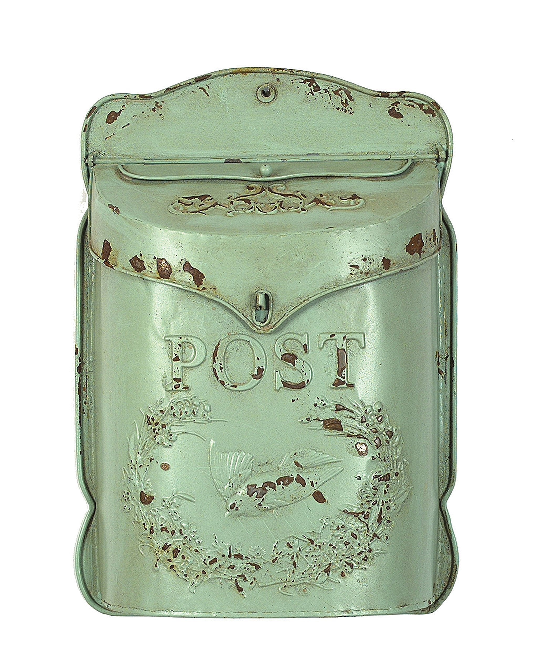 Creative Co-Op Aqua Embossed Tin Post Box with Distressed Finish