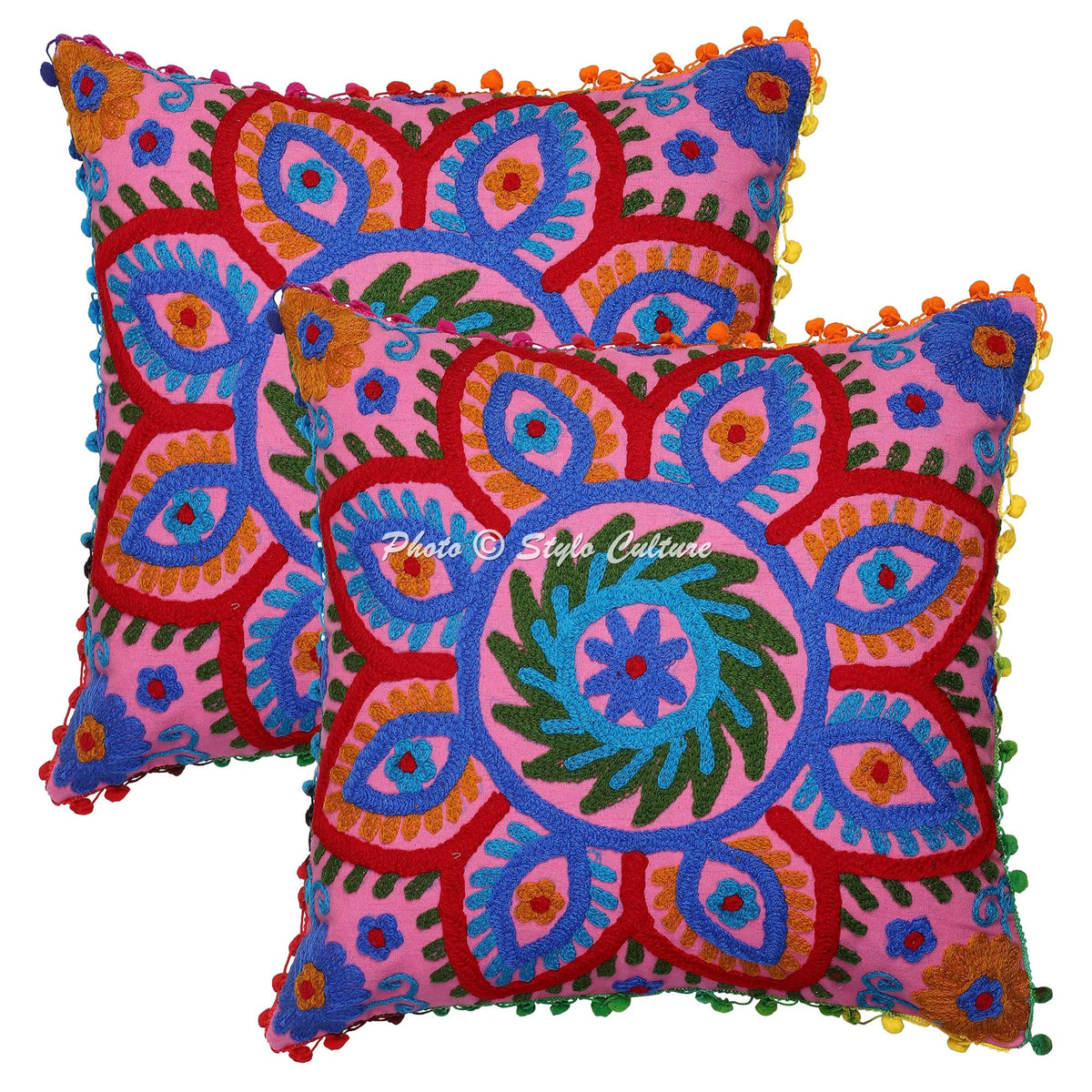 Stylo Culture Decorative Cotton Cushion Covers 16X16 Inch Suzani Embroidered Pom Pom Lace Pink & Red Living Room Decor Floral Et