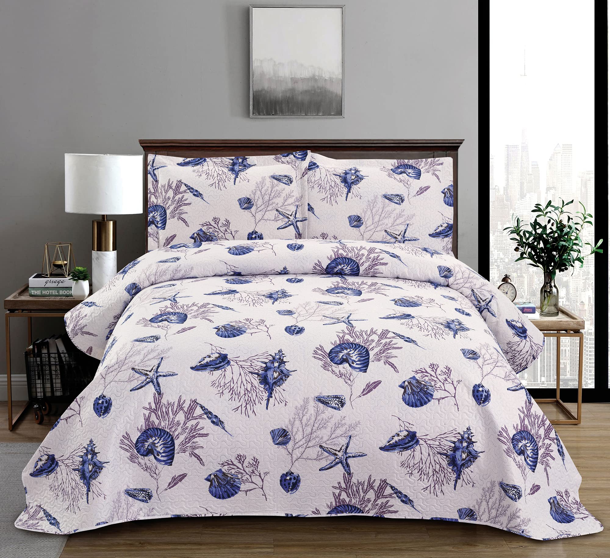 3-Piece Coastal Sea Life Quilt Set Queen Size(90X90In.) Beach Themed Vivid Seascape Blue Conch Starfish Coral Bedspread Coverlet