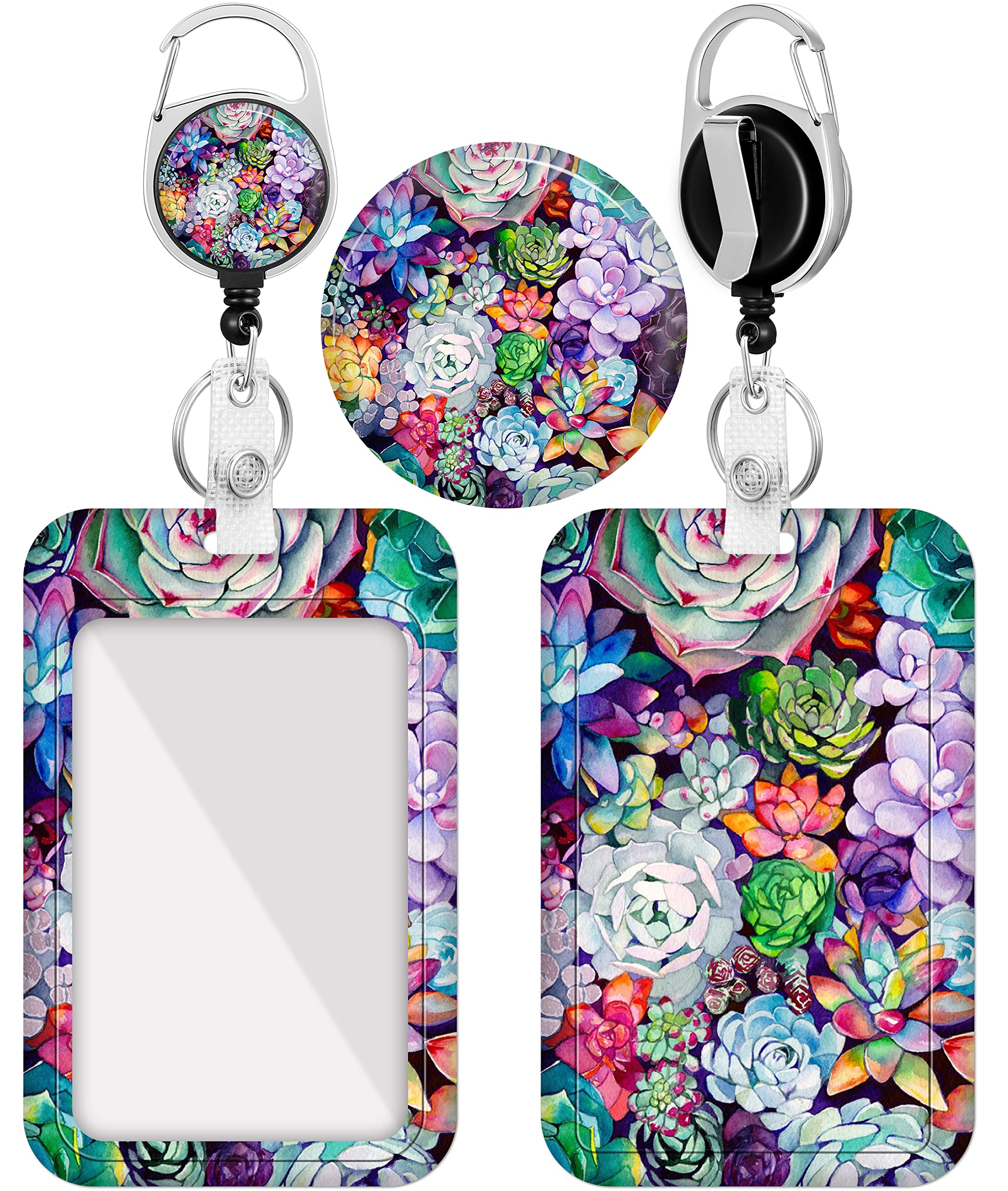 Plifal Badge Holder With Retractable Reel, Succulent Plants Flower Id Name Tag Work Badge Clip Heavy Duty Vertical Card Protecto