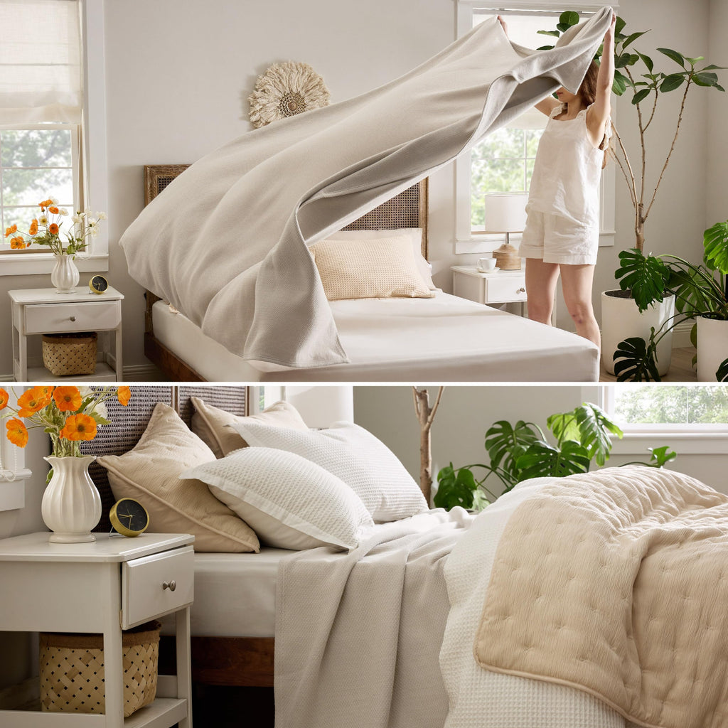 Bedsure 100% Cotton Blanket Queen Size For Bed - Breathable And Lightweight, Soft Cozy Textured Herringbone Woven Blanket For Summer Spring, Linen Beige, 90X90 Inches