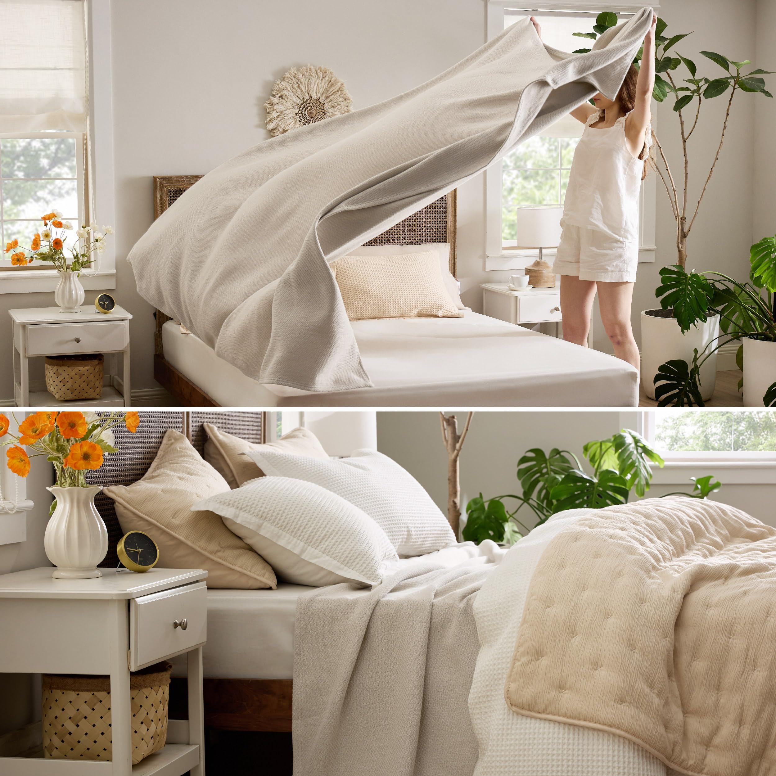 Bedsure 100% Cotton Blanket Queen Size For Bed - Breathable And Lightweight, Soft Cozy Textured Herringbone Woven Blanket For Summer Spring, Linen Beige, 90X90 Inches
