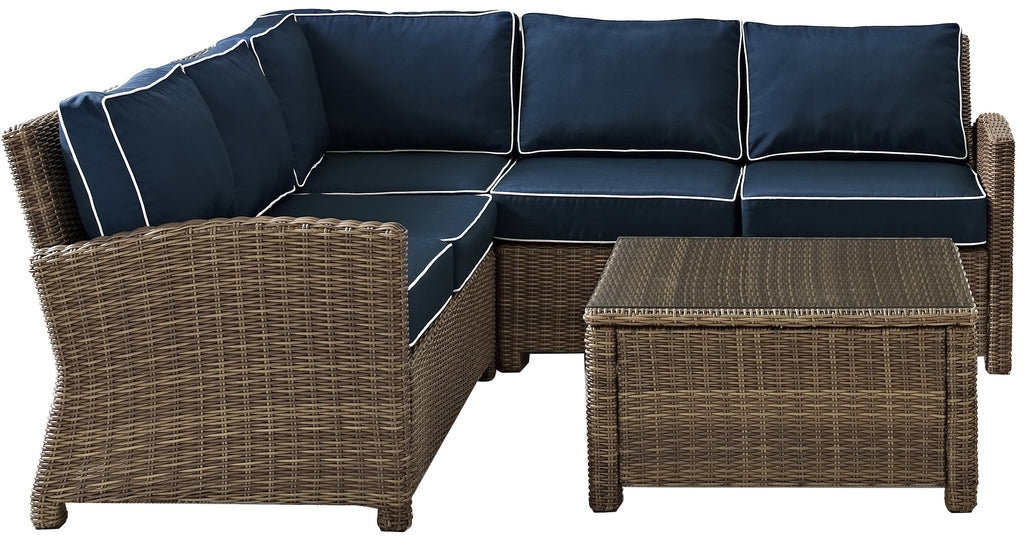 Crosley Furniture Bradenton 4-Piece Outdoor Sectional Sofa Wicker Conversation Patio Furniture Set for Deck, Brown with Navy Cushions