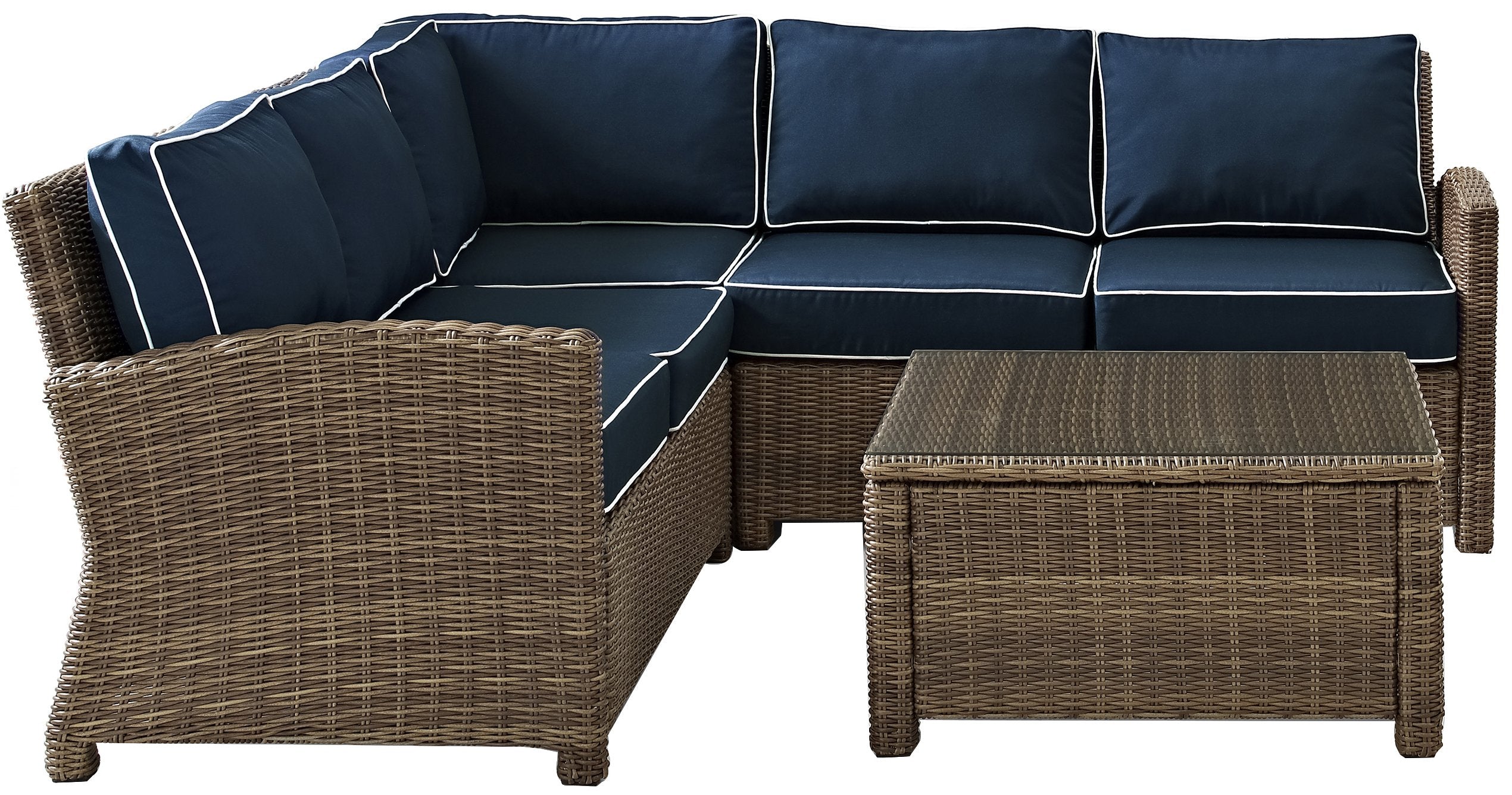 Crosley Furniture Bradenton 4-Piece Outdoor Sectional Sofa Wicker Conversation Patio Furniture Set for Deck, Brown with Navy Cushions
