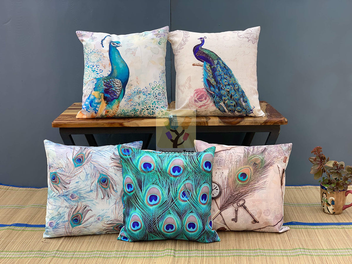 Shopping Tree Peacock Feather Canvas Cotton Cushion Cover Sofa 16 X 16 Inches, Set Of 5 PiecesFor Living Room/Bedroom