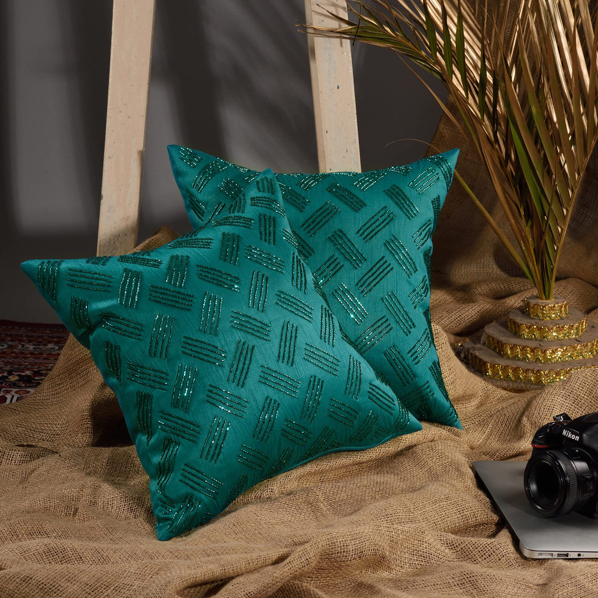 Scarlett Linens Teal Beaded Cushion Covers 16X16 Inches Pack Of 1 | Embroidered Cushion Covers | Mirror Work Sequence Cushion Co