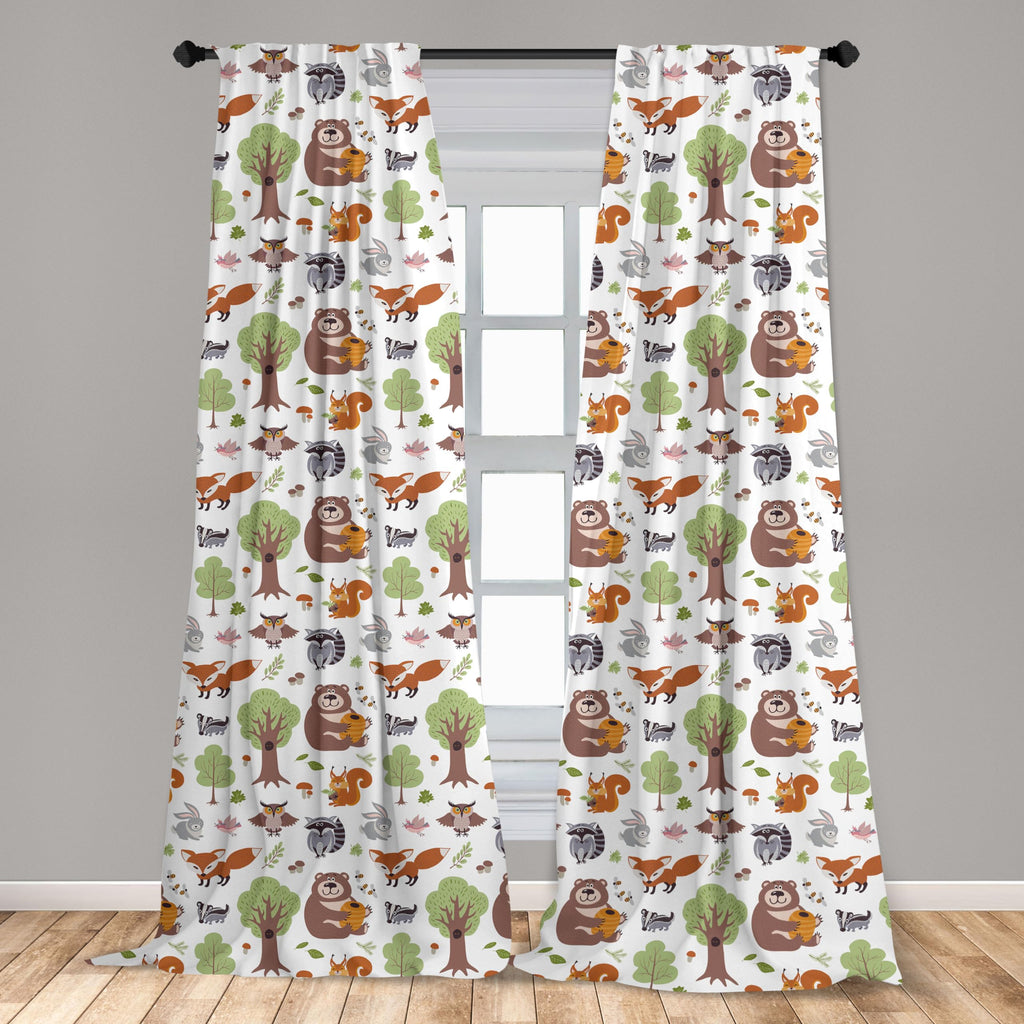 Ambesonne Forest Window Curtains, Doodle Woodland Creatures As Honey Bear Rabbit Fox And Raccoon In Nature Habitat, Lightweight