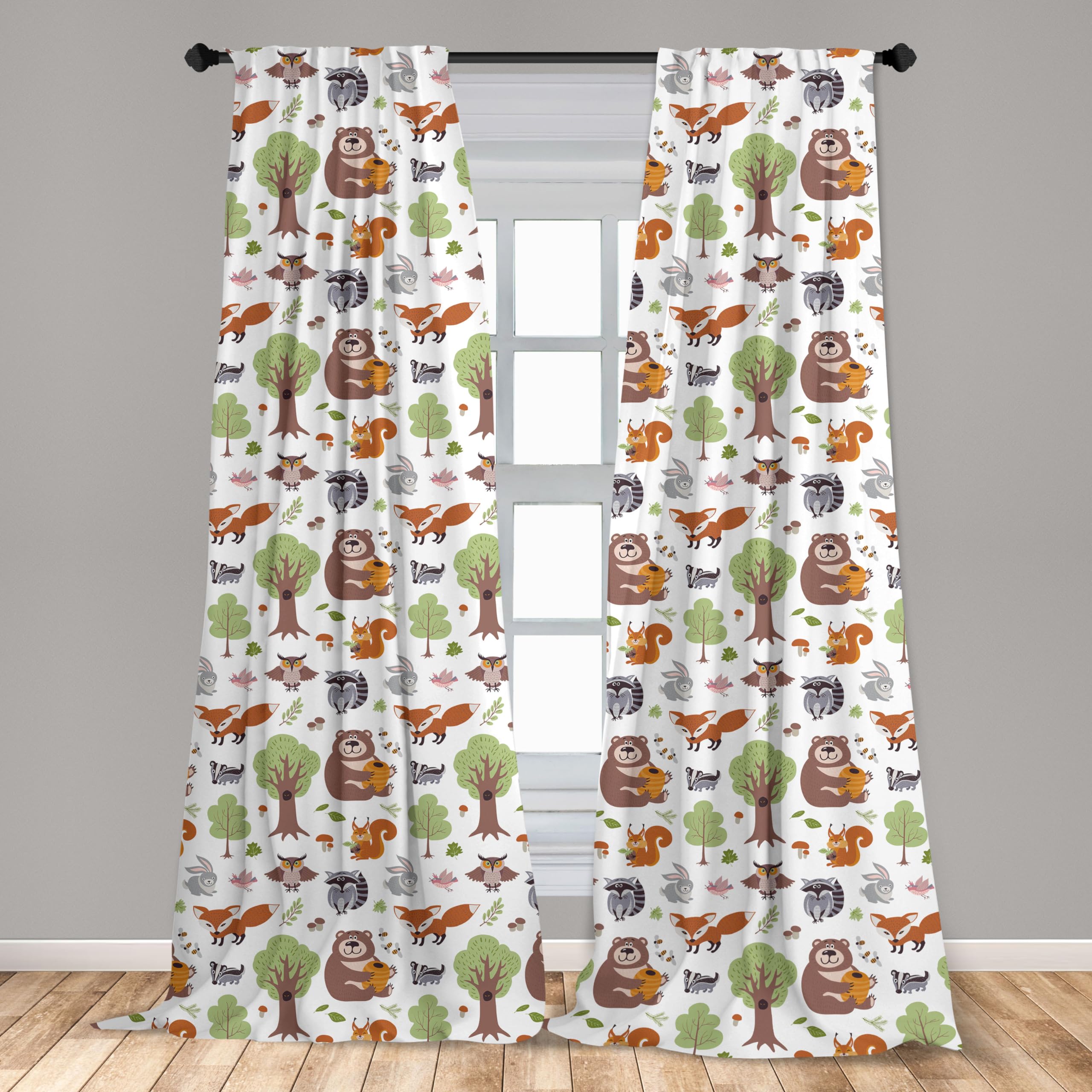Ambesonne Forest Window Curtains, Doodle Woodland Creatures As Honey Bear Rabbit Fox And Raccoon In Nature Habitat, Lightweight
