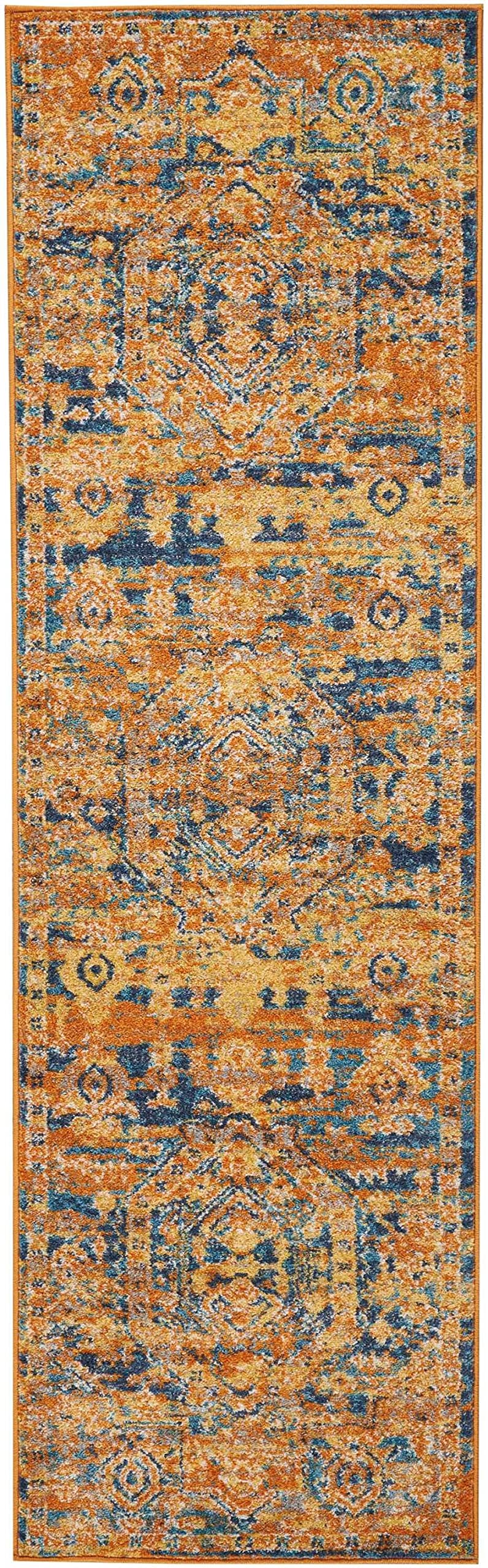 HomeRoots Teal/Sun 100% Polypropylene 2’ x 8’ Gold and Blue Antique Runner Rug