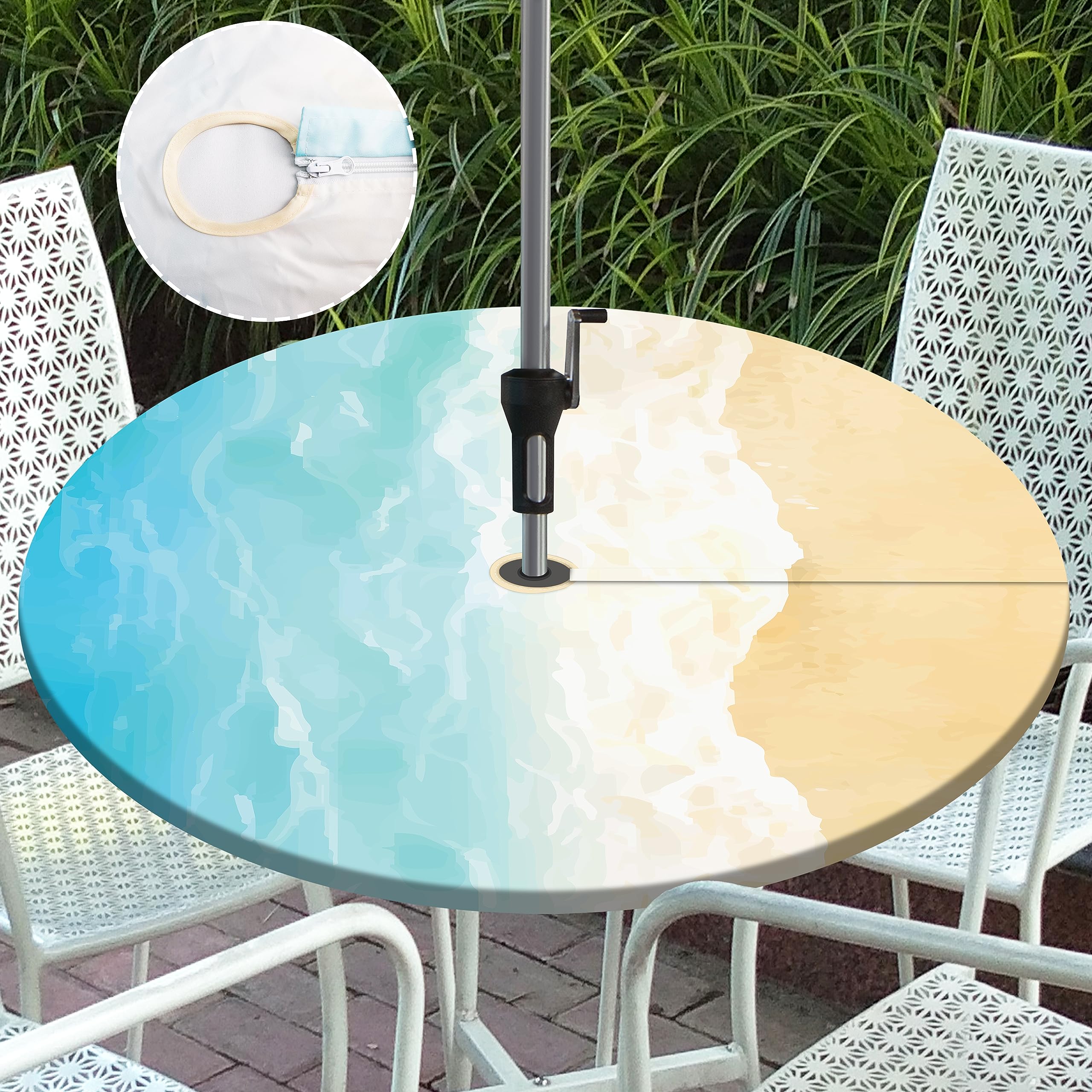 Btrlexp Ocean Waves Round Outdoor Tablecloth With Umbrella Hole Zipper Elastic Outdoor Table Cover Umbrella Table Cloths With Ho