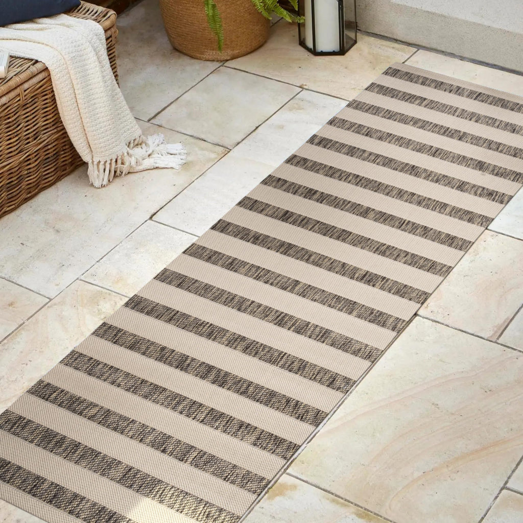 Jonathan Y Smb112A-28 Aveiro Wide Stripe Indoor Outdoor Area Rug, Bohemian, Coastal, Mediterranean Easy Cleaning,Bedroom,Kitchen,Backyard,Patio,Non Shedding, Beige/Brown, 2 X 8