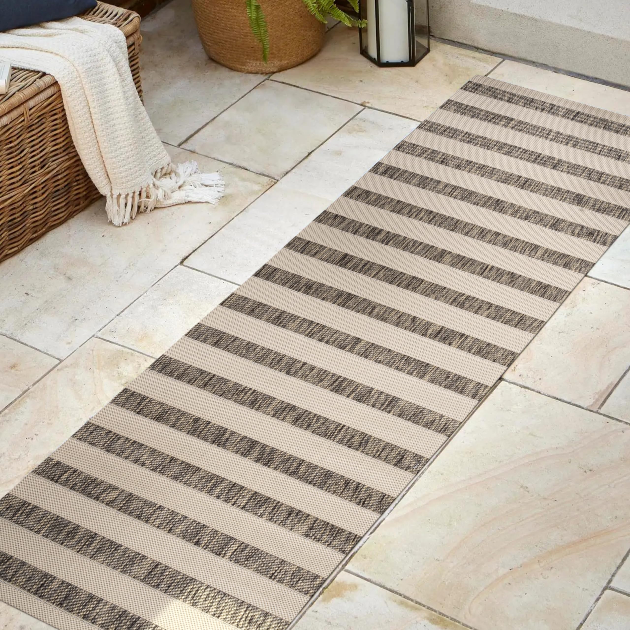 Jonathan Y Smb112A-28 Aveiro Wide Stripe Indoor Outdoor Area Rug, Bohemian, Coastal, Mediterranean Easy Cleaning,Bedroom,Kitchen,Backyard,Patio,Non Shedding, Beige/Brown, 2 X 8
