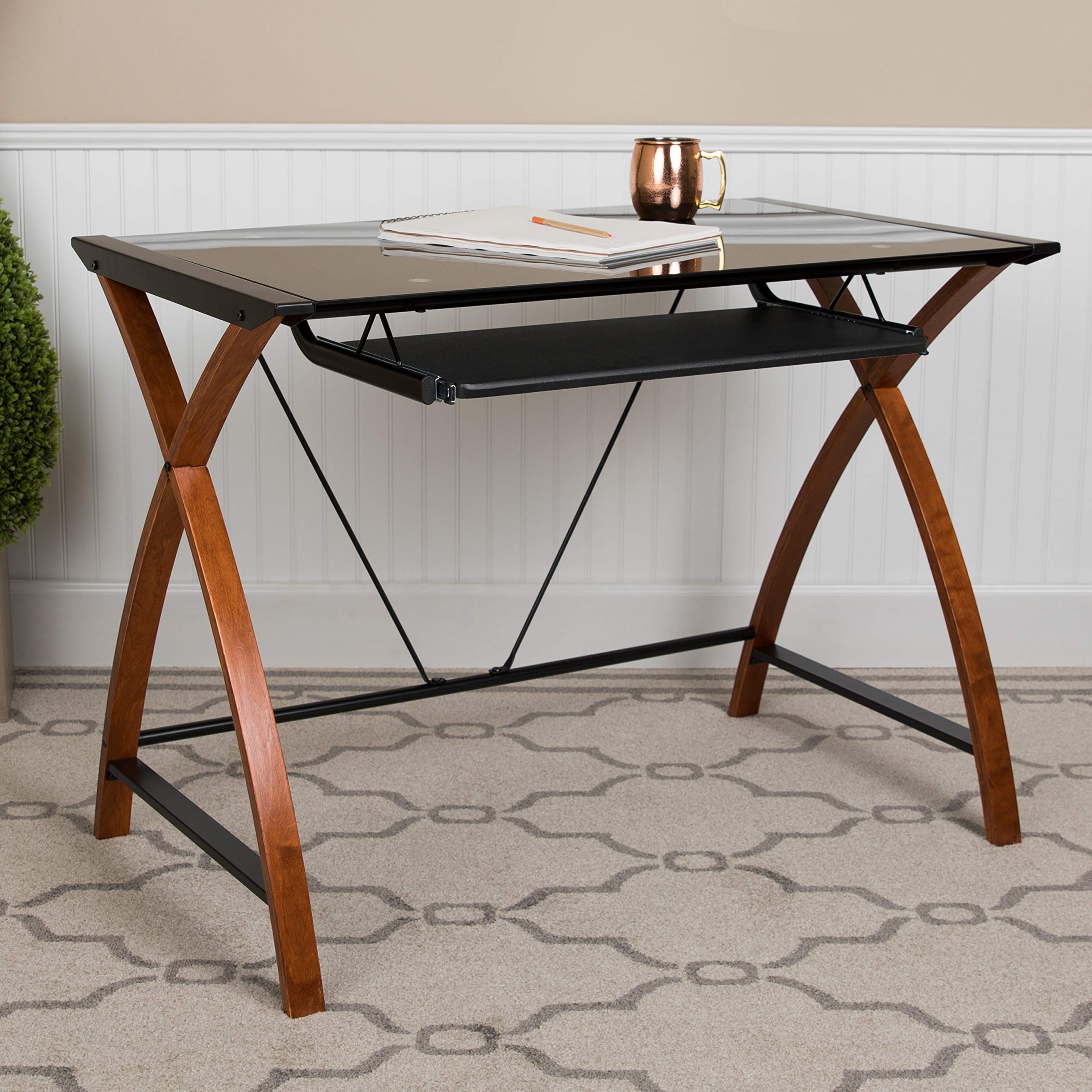 Flash Furniture Jude Black Glass Computer Desk with Pull-Out Keyboard Tray and Crisscross Frame