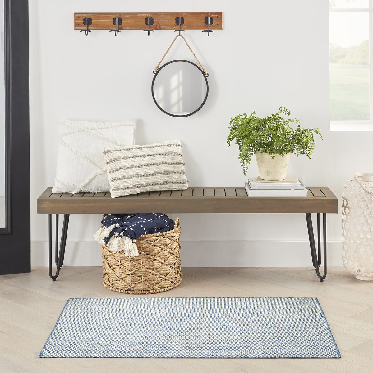 Nourison Courtyard Indoor/Outdoor Ivory Blue 3' X 5' Area Rug, Geometric, Easy Cleaning, Non Shedding, Bed Room, Living Room, Di