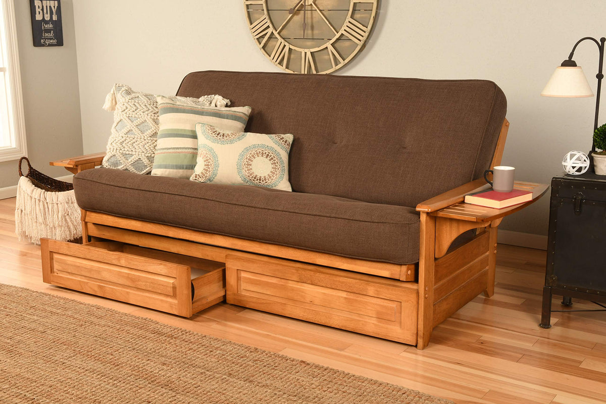 Kodiak Furniture Phoenix Full Size Futon in Butternut Finish with Storage Drawers, Linen Cocoa