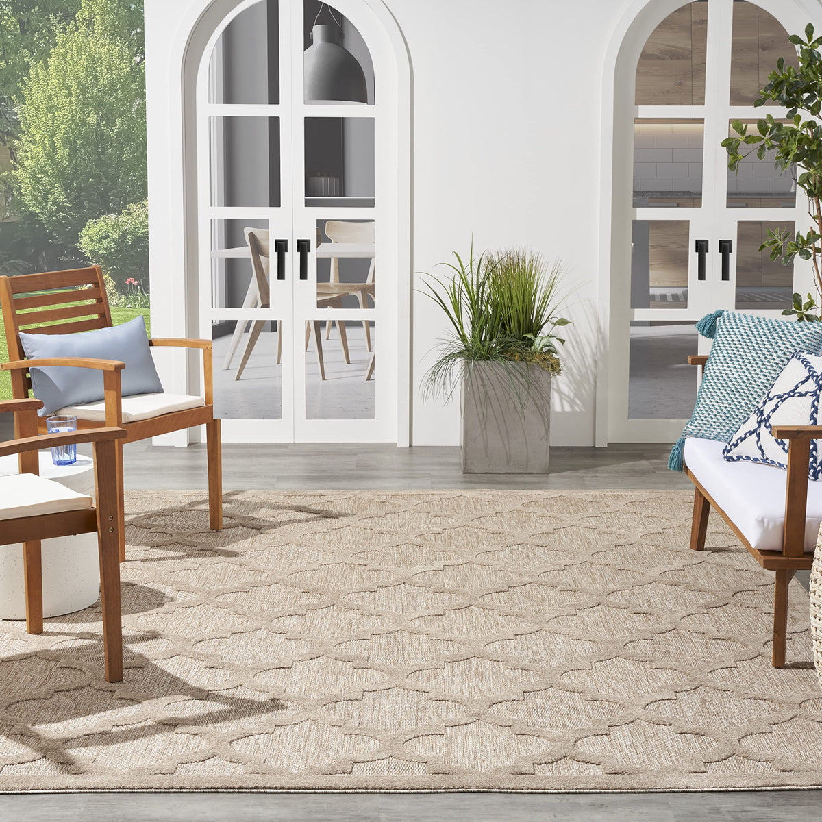 Nourison Easy Care Moroccan Natural Beige 7' X 10' Area Rug, Trellis, Easy Cleaning, Non Shedding, Bed Room, Living Room, Dining