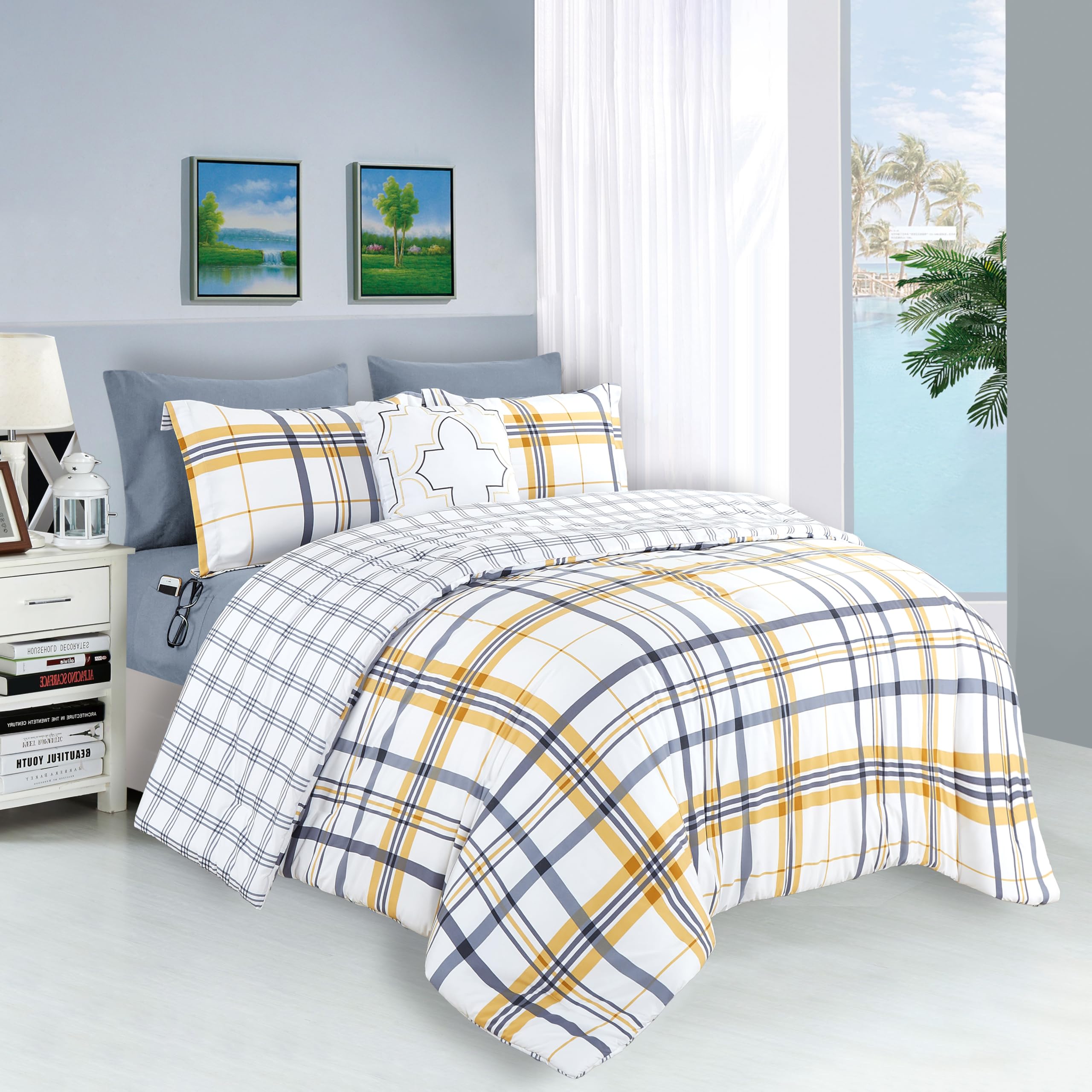 Elegant Comfort Silky Soft 8-Piece Plaid Lodge Bed-In-A-Bag Comforter Set, Includes 4Pc Smart Sheet Set, Comforter, Decorative Pillow, Matching Pillowcases And Shams - Full/Queen, Gold