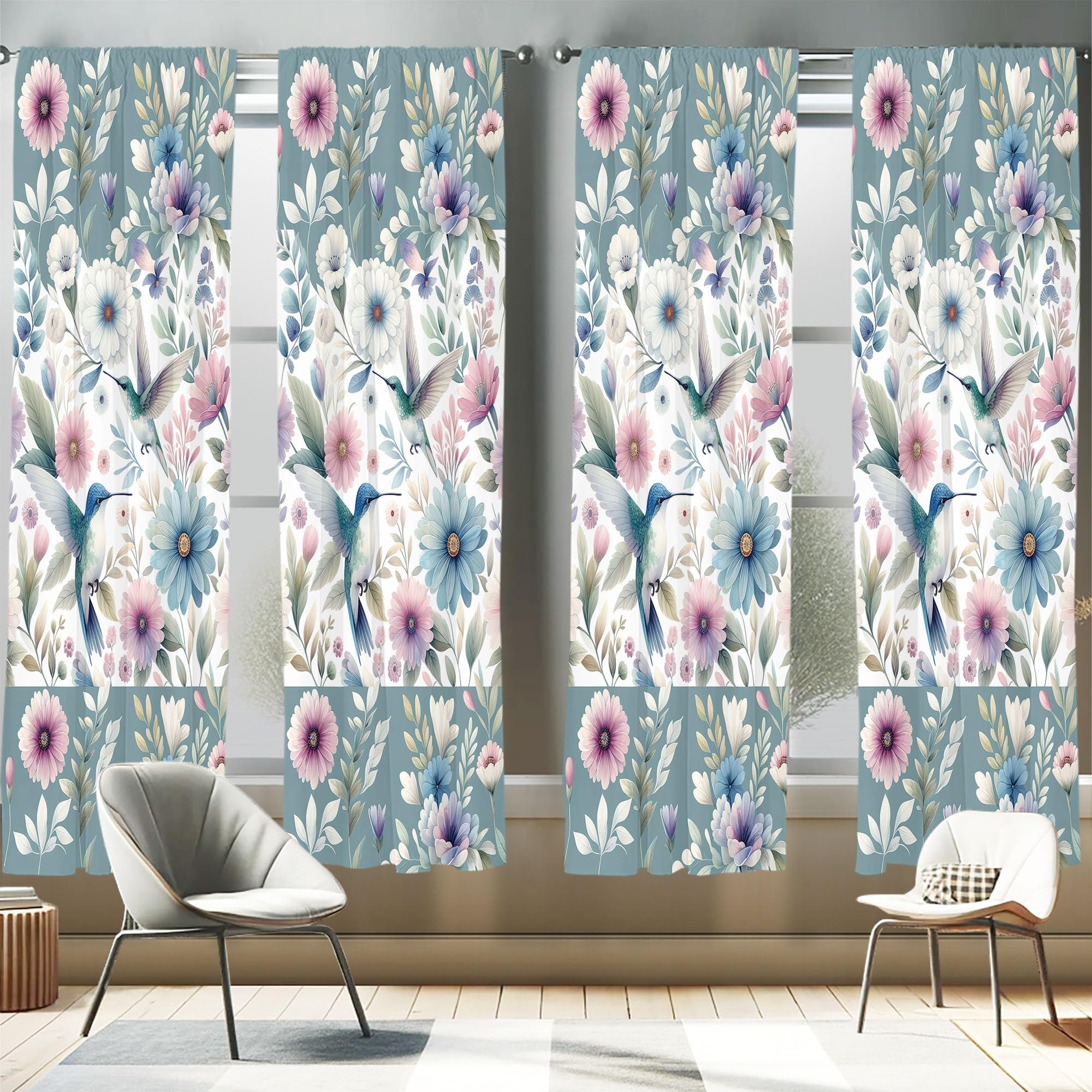 Ambesonne Birds And Nature Window Curtains Pack Of 2, Springtime Feel Leafy Floral Pattern With Hummingbirds Modern, Lightweight