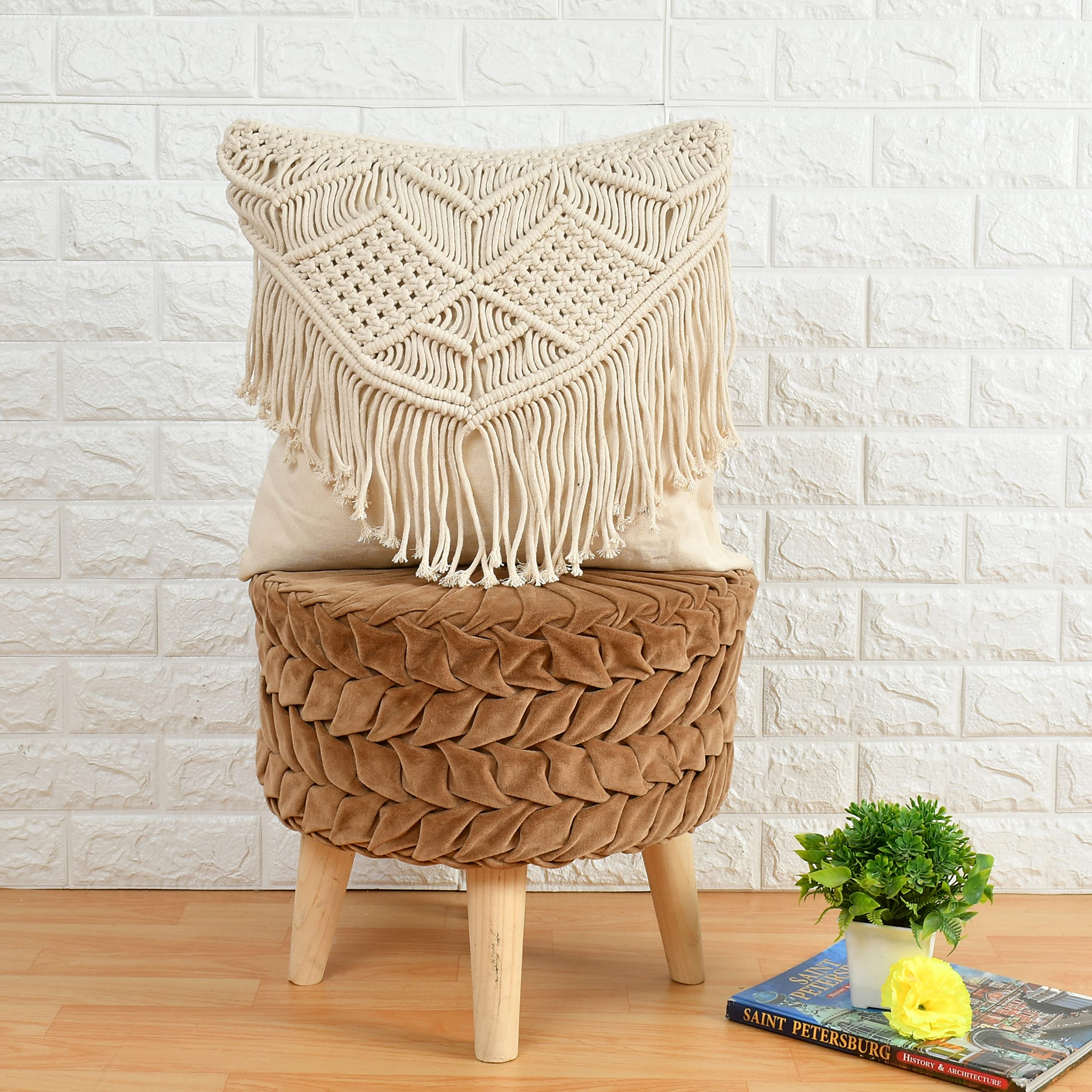 Aashiyana Sajona Cotton Macrame Handmade Knit Floor Cushion Throw Pillow Cover (Large  16X16 Inch, Beige)