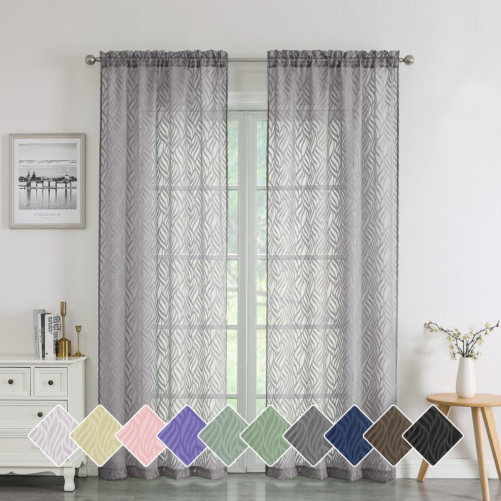 Chyhomenyc Marilyn Charcoal Grey Sheer Curtains 84 Inch Length 2 Panels, Light Filtering Airy 3D Leaf Clip Jacquard Textured Cur