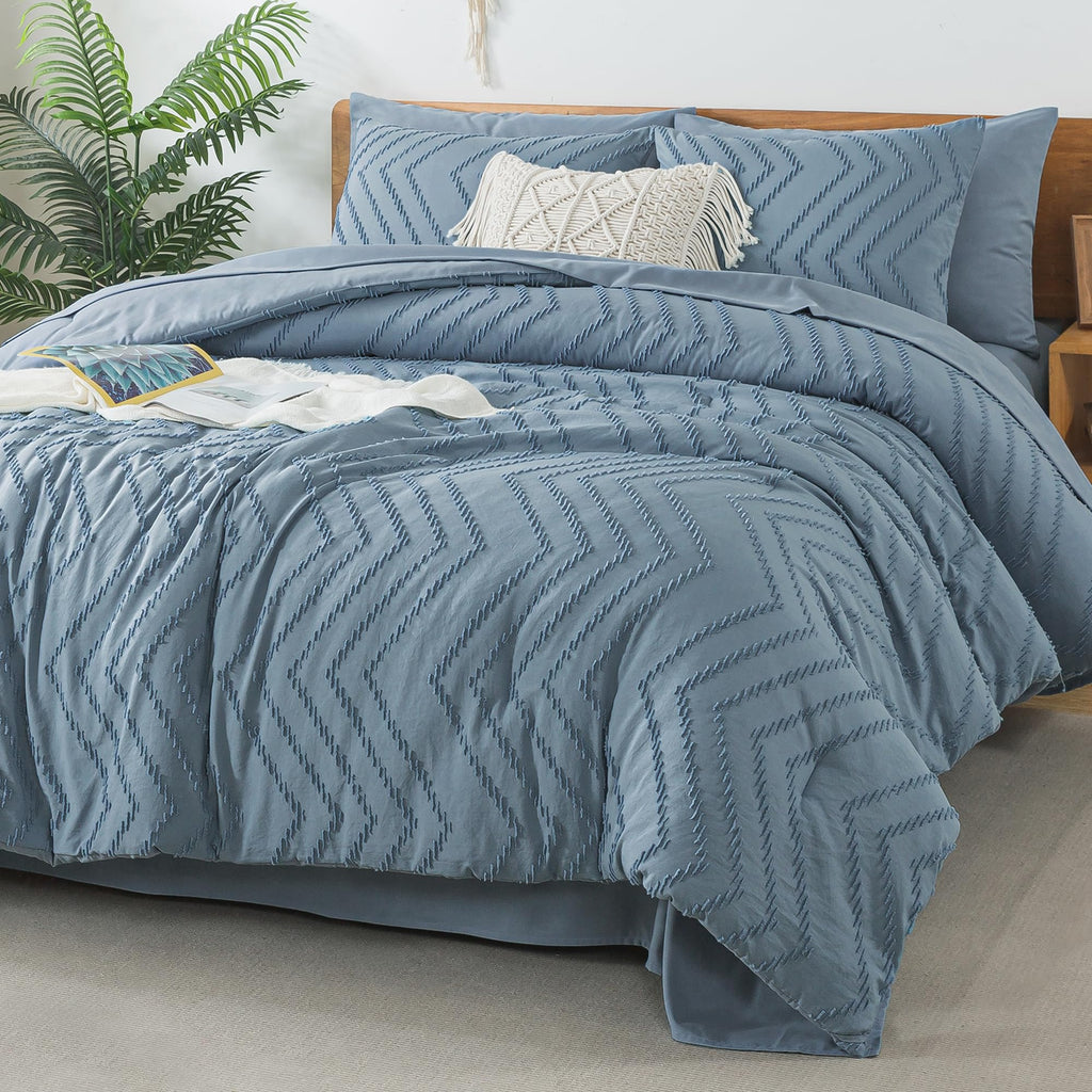 Litanika Grayish Blue Full Size Comforter Set With Sheets - 7 Pieces Bed In A Bag Full Chevron Tufted Complete Beddding Sets Wit