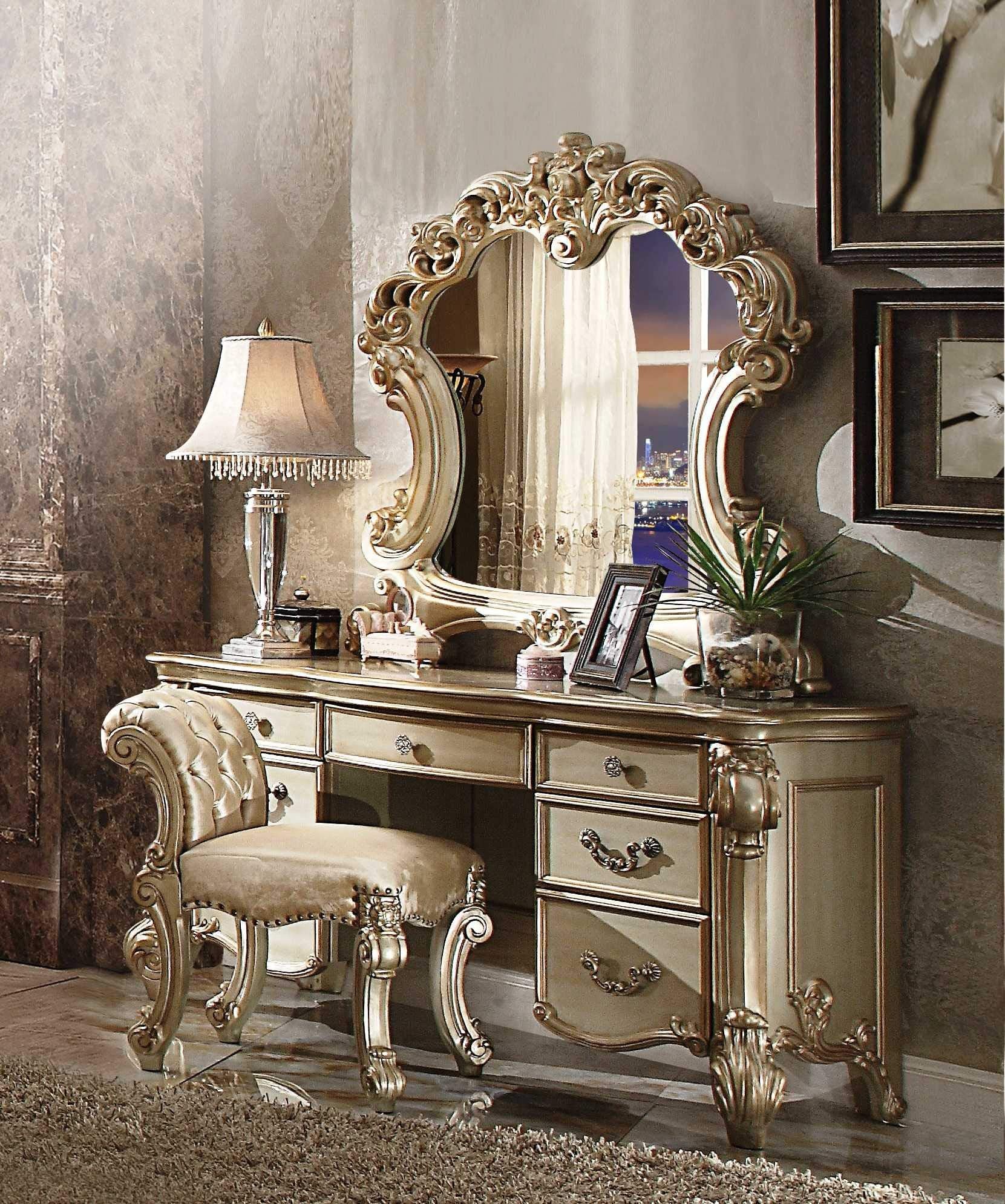 HomeRoots Gold Patina & Bone Wood, Poly Resin Elaborate Carved Gold Patina Finish Desk Vanity Dressing Table with 7 Drawers