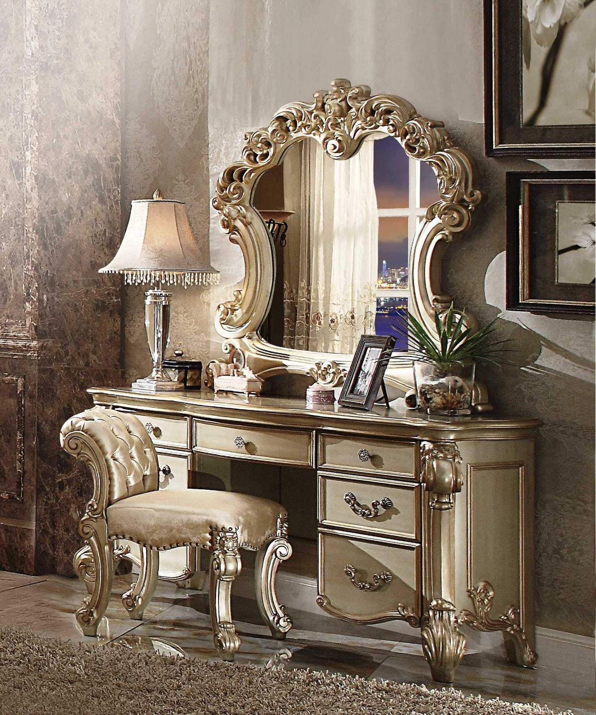HomeRoots Gold Patina & Bone Wood, Poly Resin Elaborate Carved Gold Patina Finish Desk Vanity Dressing Table with 7 Drawers
